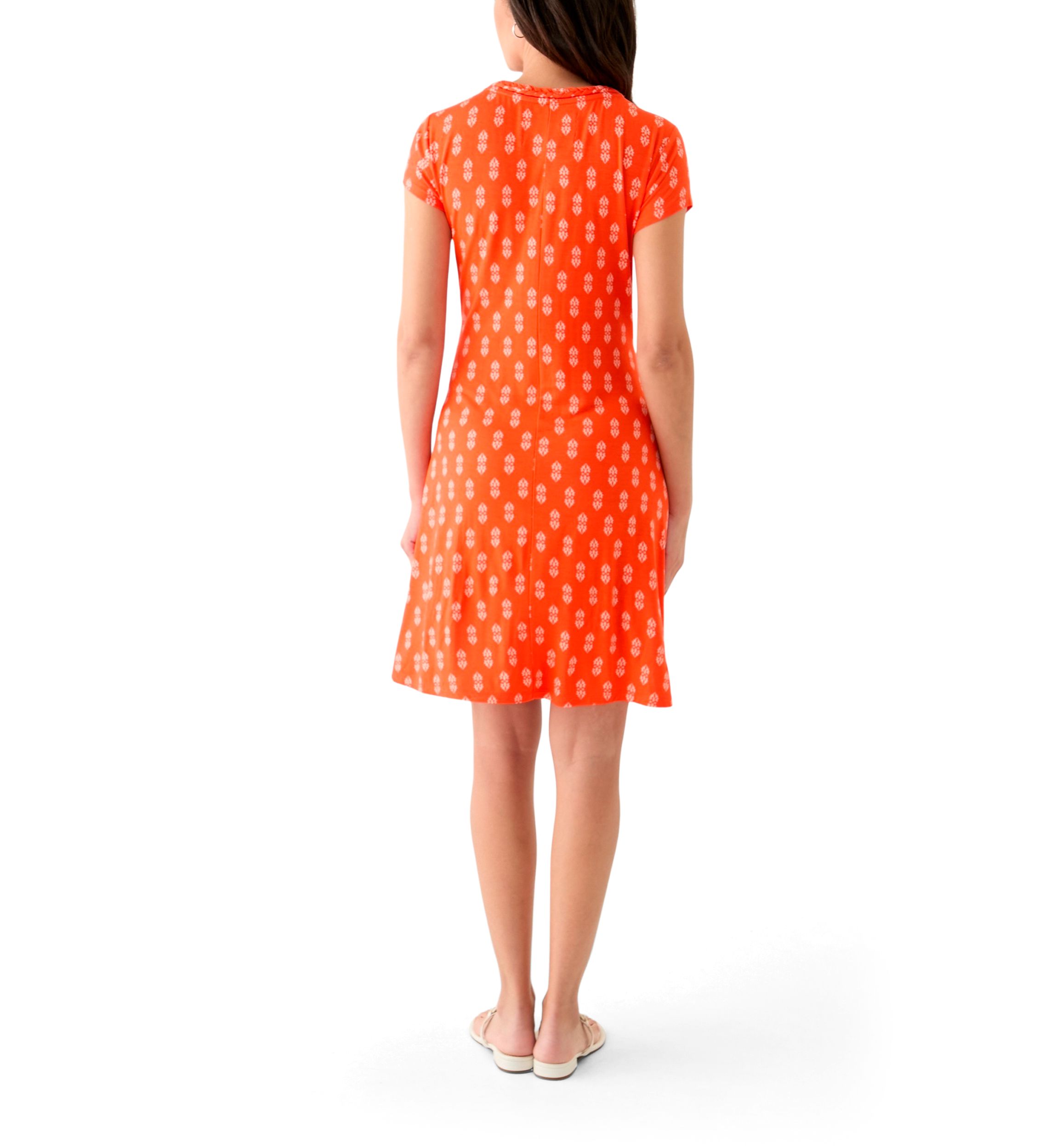 Womens Short Sleeve Swing Dress with Braided Trim at Neckline 