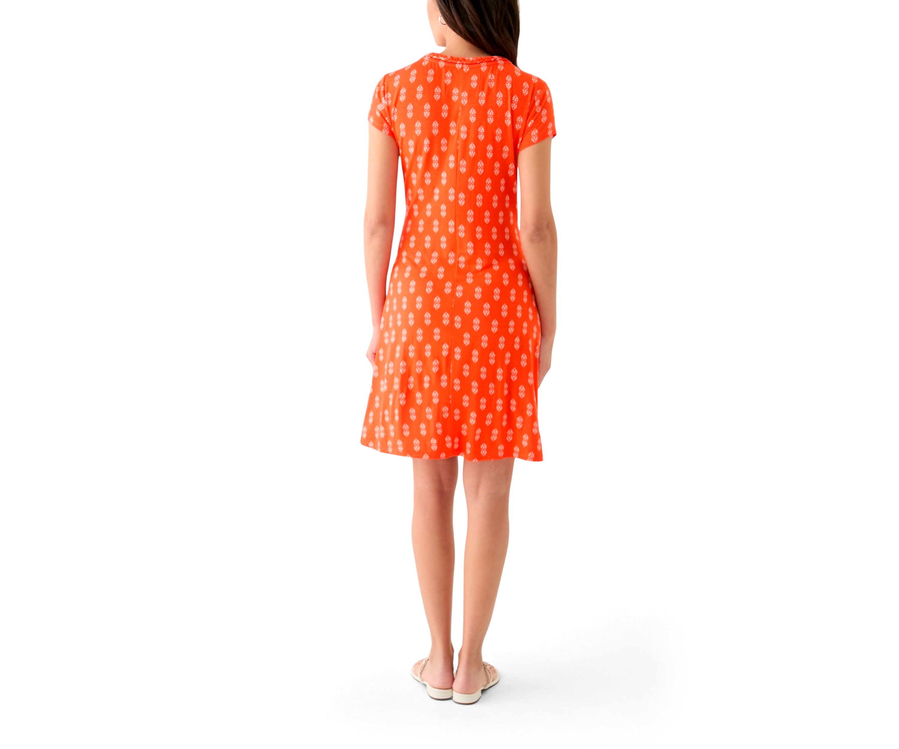 Womens Short Sleeve Swing Dress with Braided Trim at Neckline 
