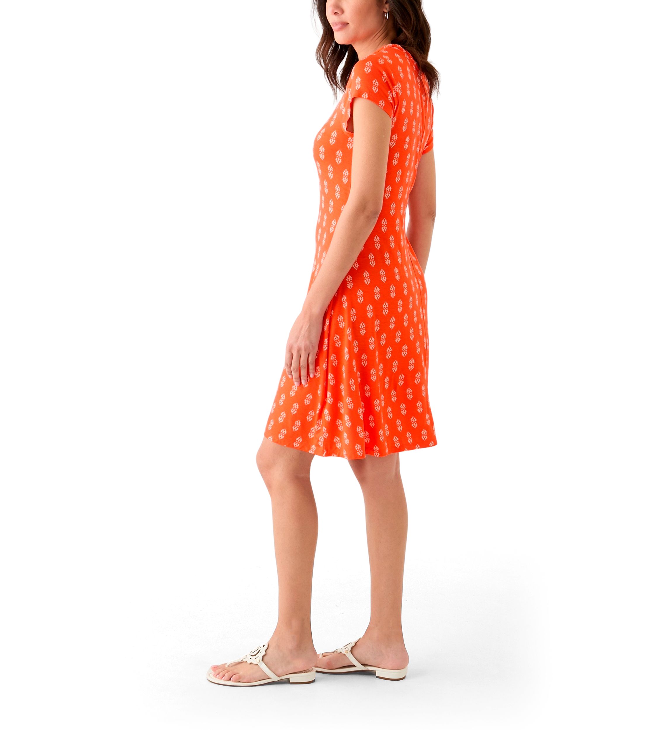 Womens Short Sleeve Swing Dress with Braided Trim at Neckline 