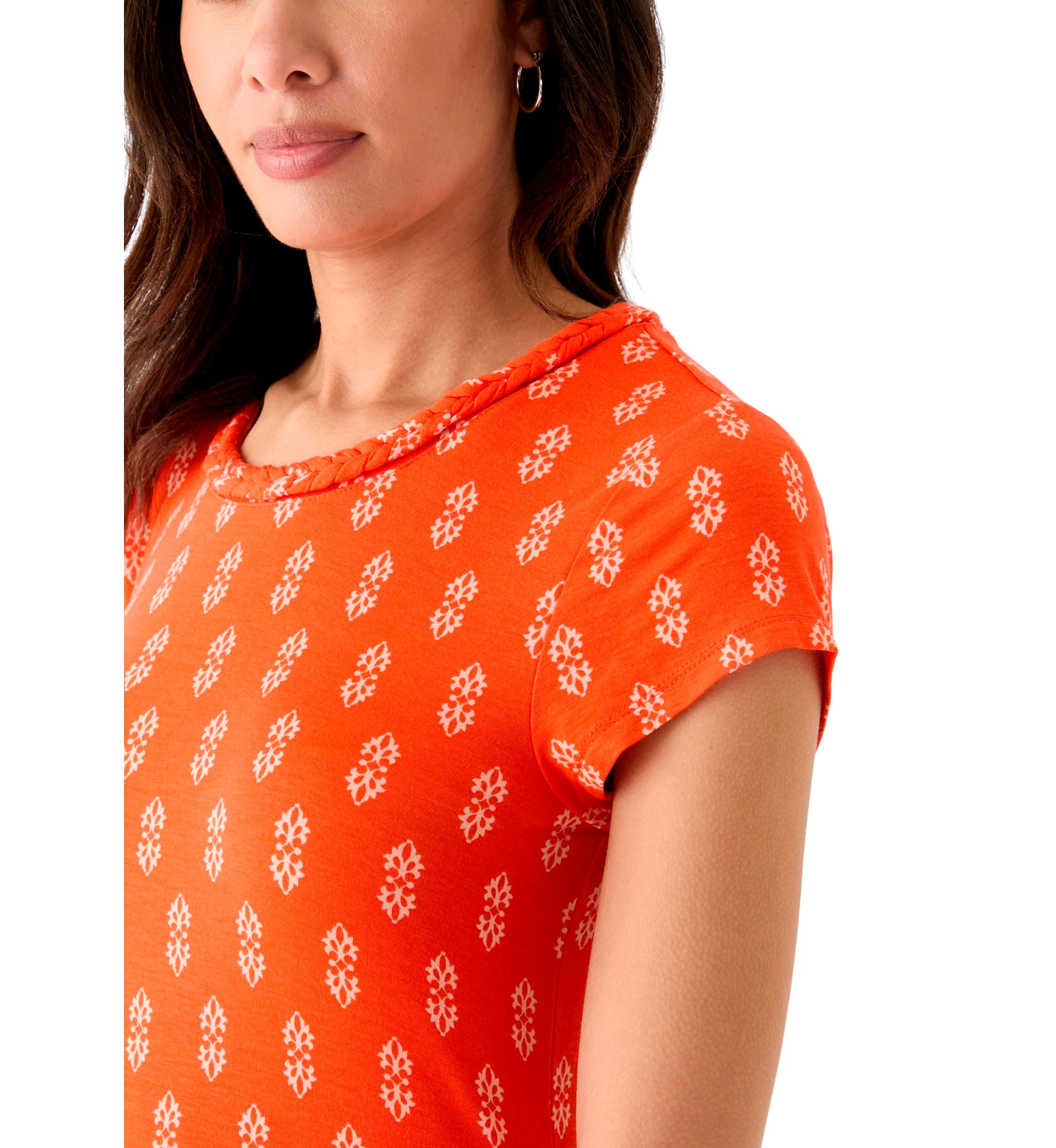Womens Short Sleeve Swing Dress with Braided Trim at Neckline 