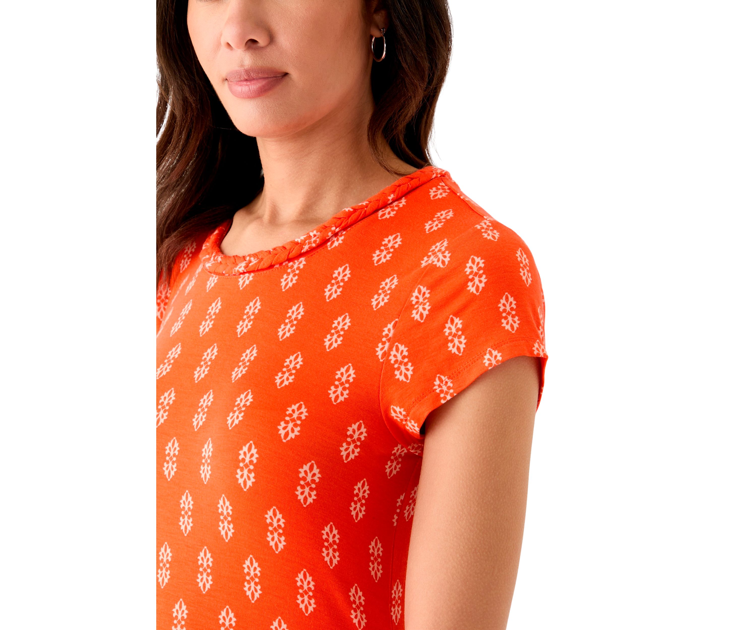 Womens Short Sleeve Swing Dress with Braided Trim at Neckline 