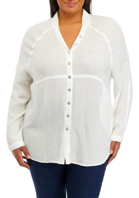 Cupio Women's Plus Size Long Sleeve Gauze Button Front Top, White, 3X