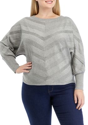 Cupio Women's Plus Size Long Sleeve Mixed Stitch Solid Pullover Sweater, Grey, 1X