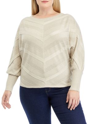Cupio Women's Plus Size Long Sleeve Mixed Stitch Solid Pullover Sweater, Gold, 1X
