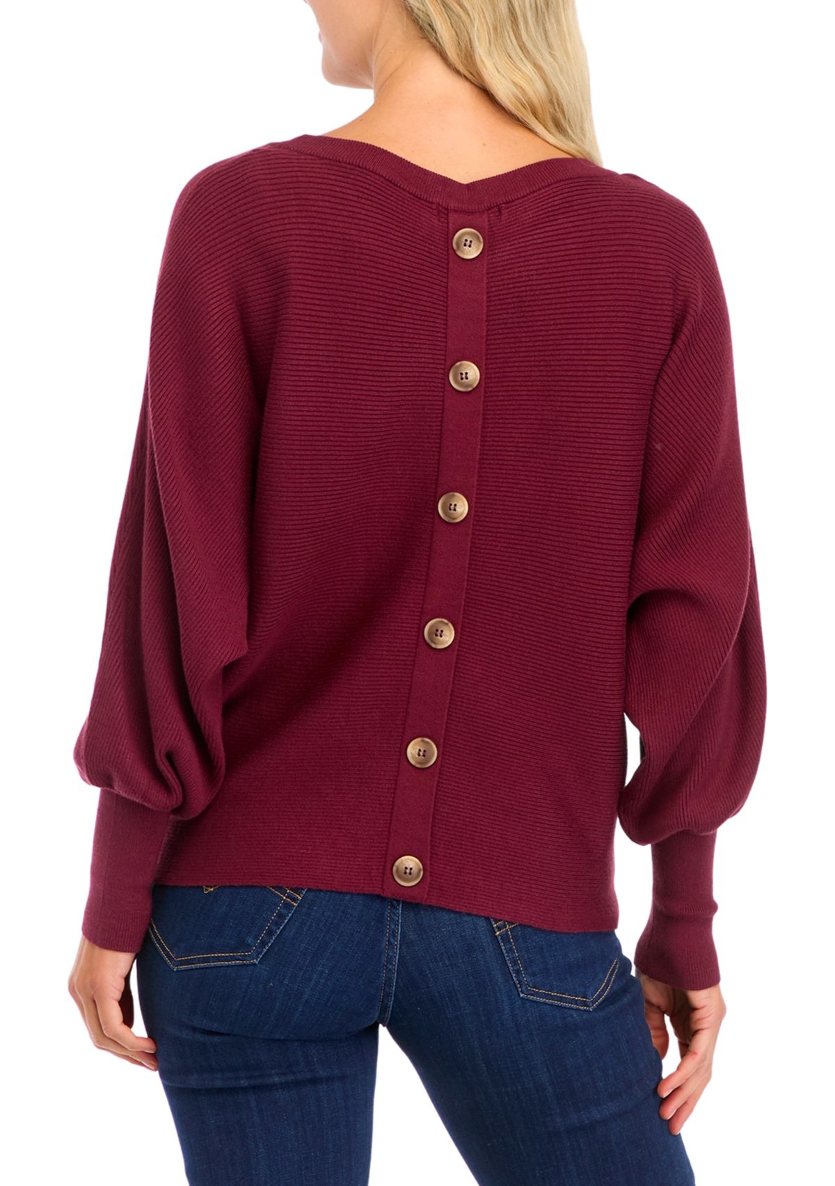 Womens Button Back Puff Sleeve Sweater 