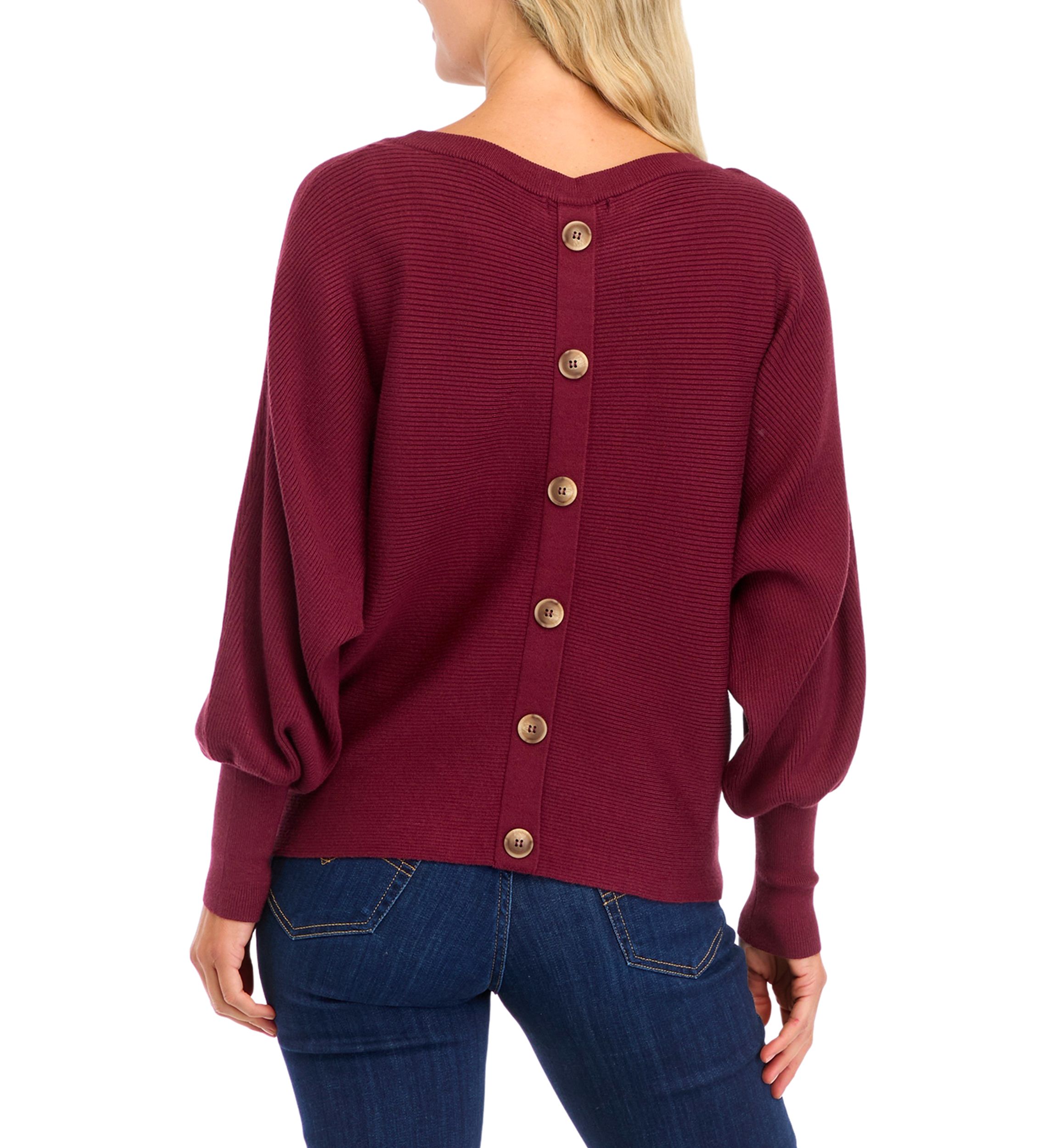 Womens Button Back Puff Sleeve Sweater 