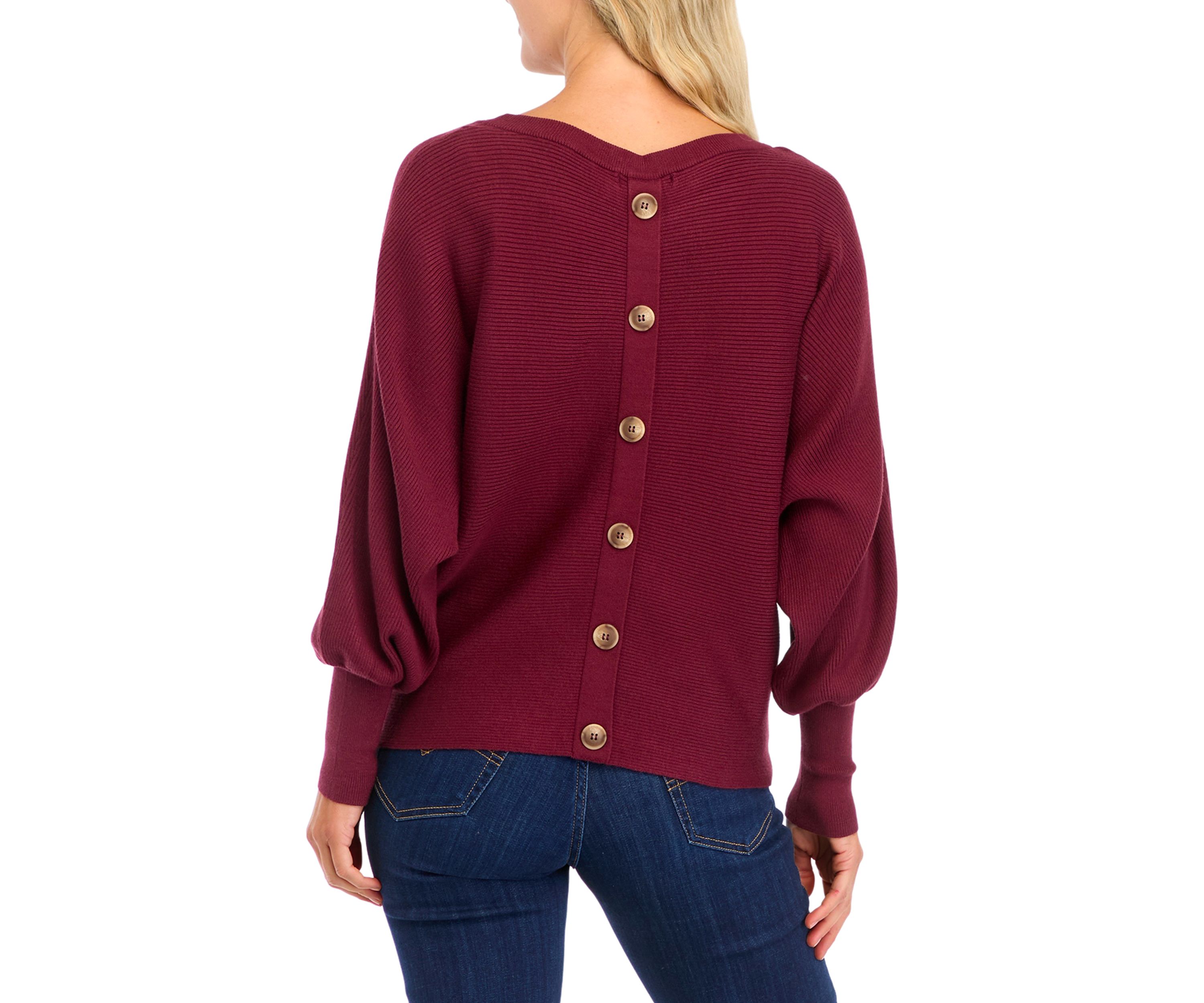 Womens Button Back Puff Sleeve Sweater 