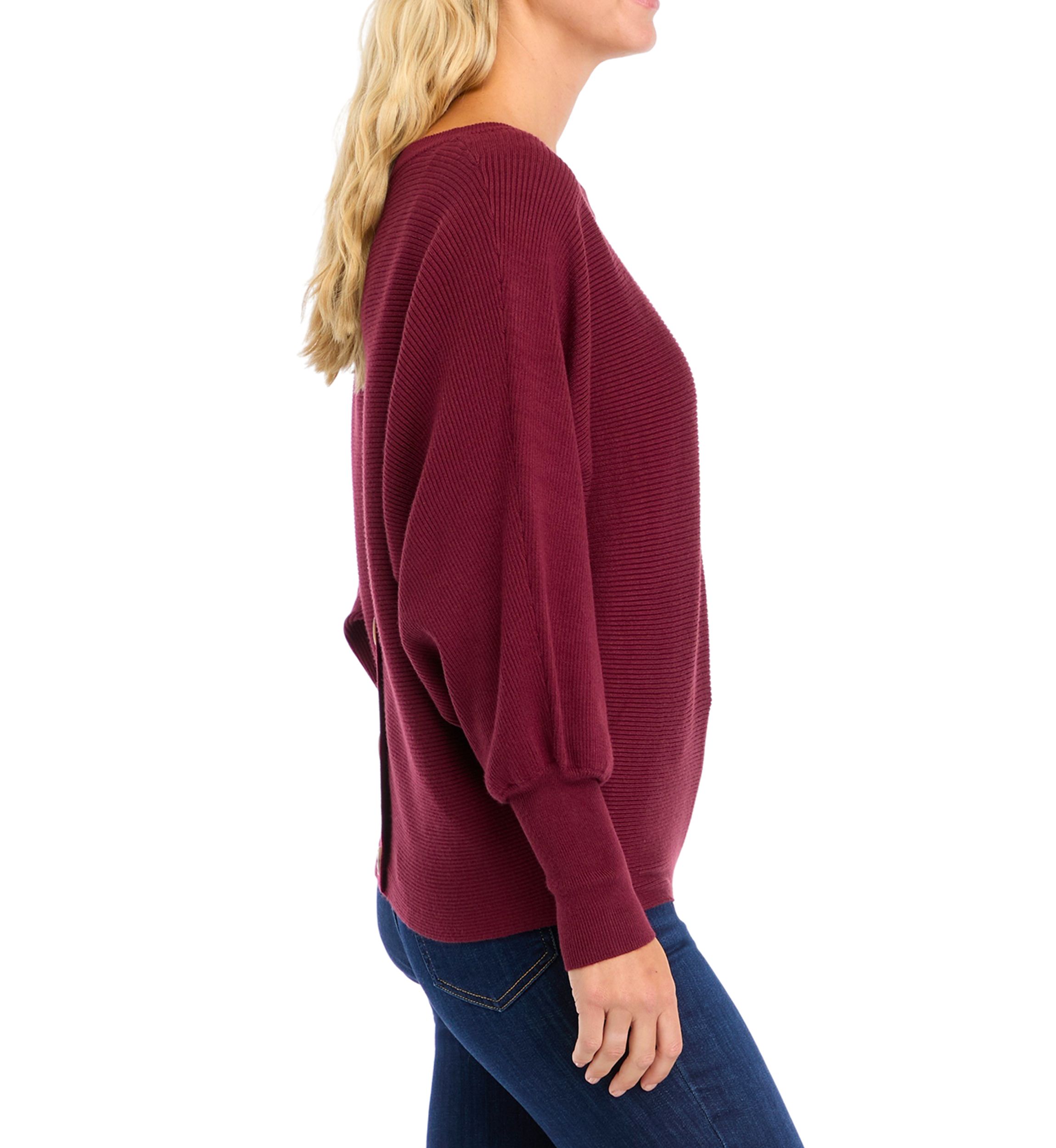 Womens Button Back Puff Sleeve Sweater 
