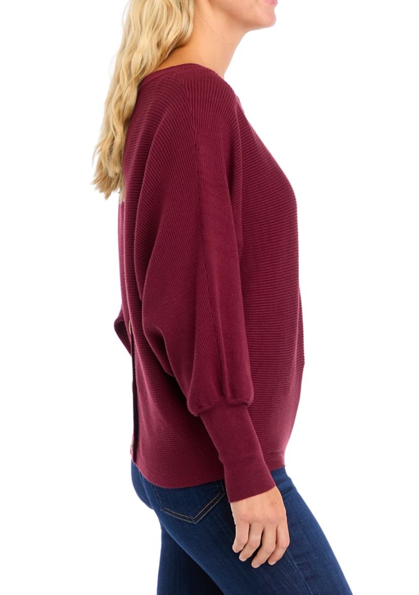 Womens Button Back Puff Sleeve Sweater 