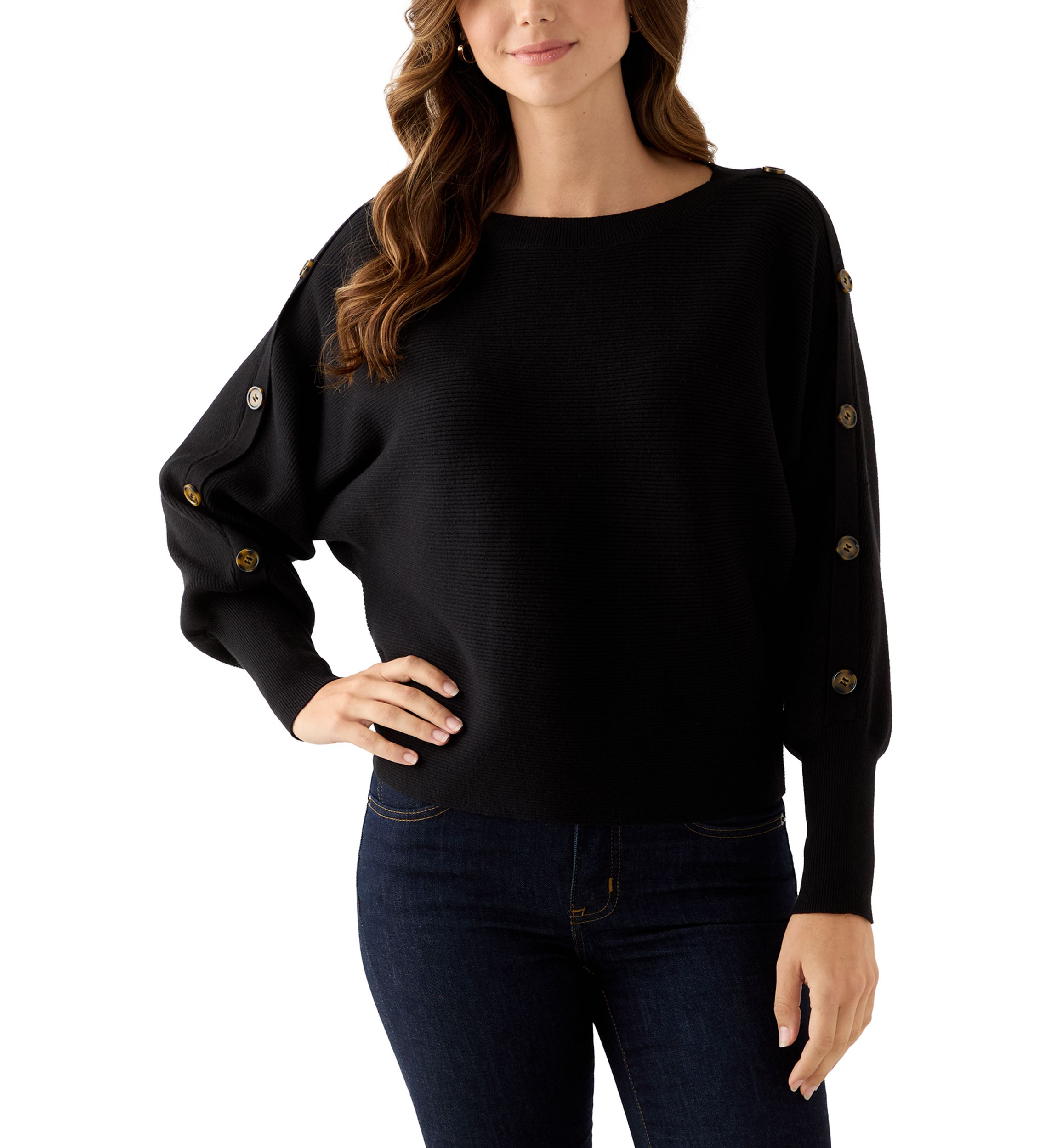 Womens Dolman Button Puff Sleeve Sweater