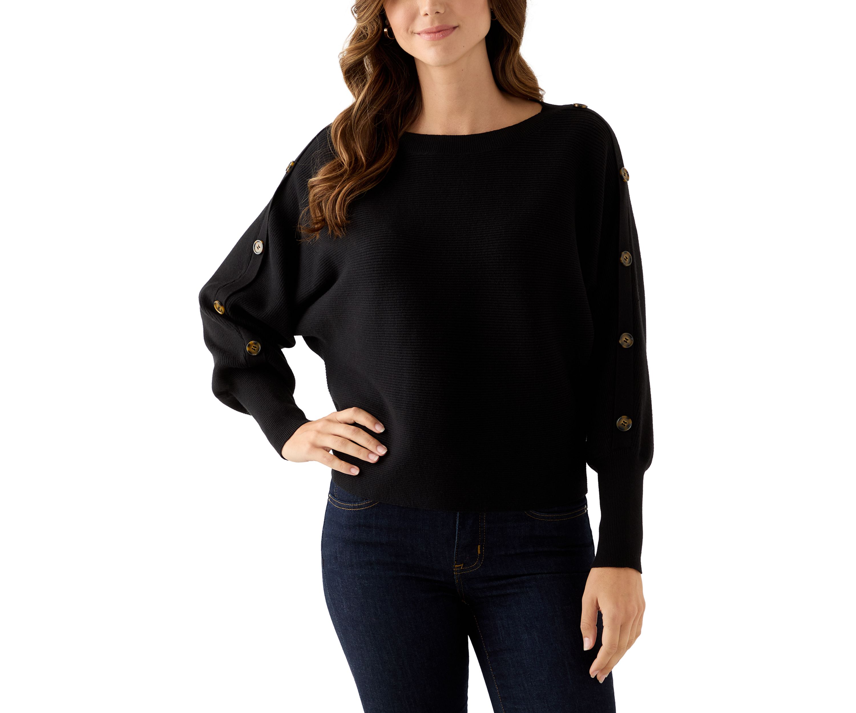 Womens Dolman Button Puff Sleeve Sweater