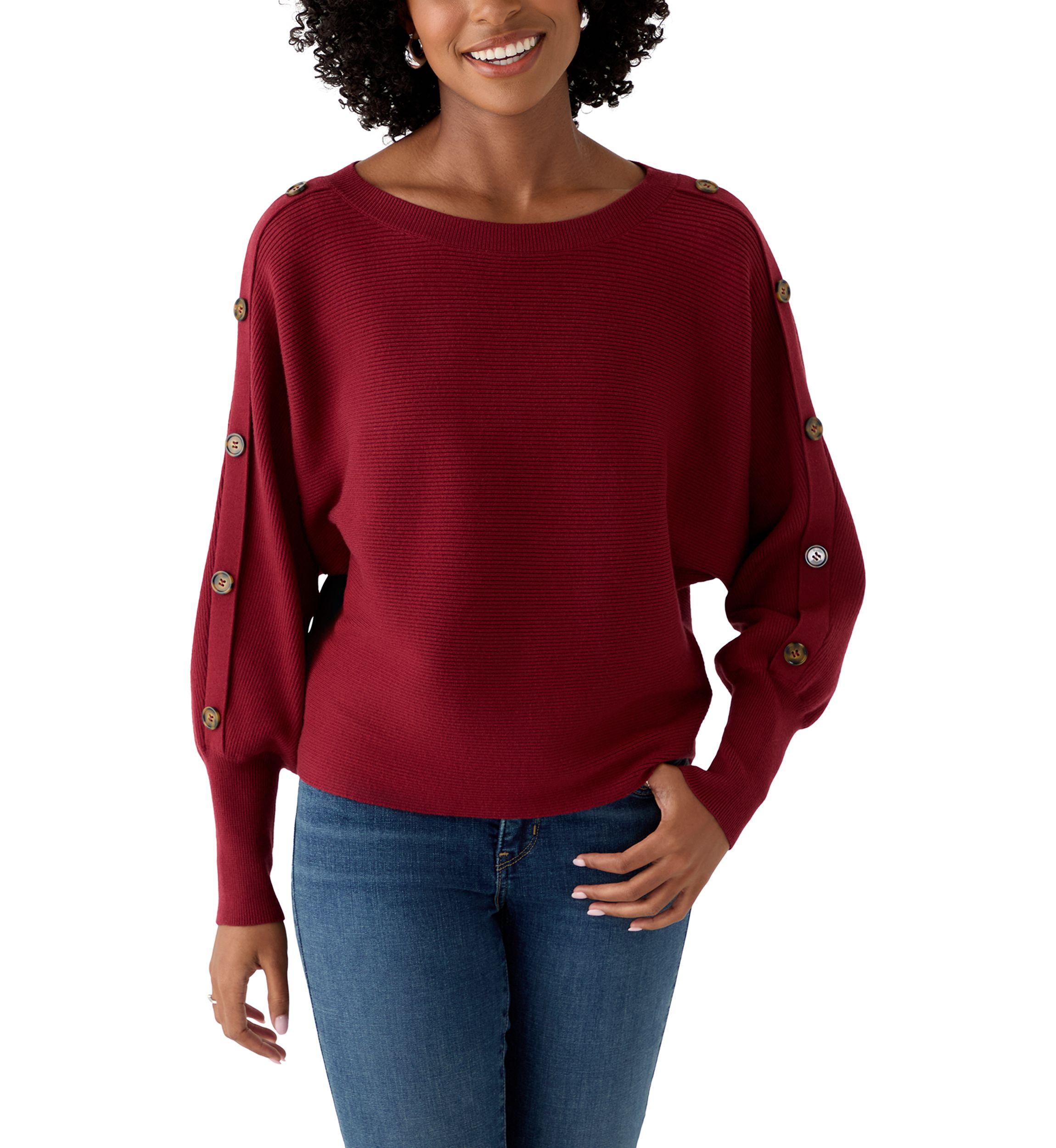 Womens Dolman Button Puff Sleeve Sweater