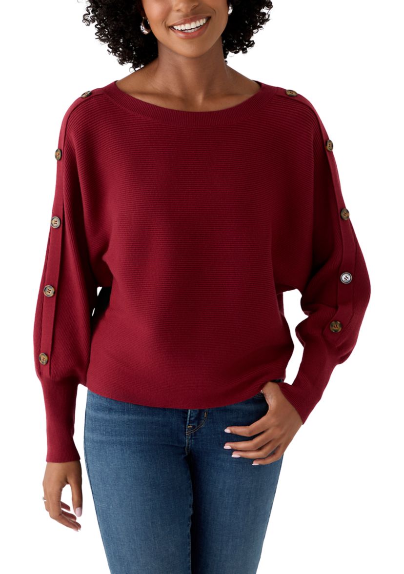 Womens Dolman Button Puff Sleeve Sweater