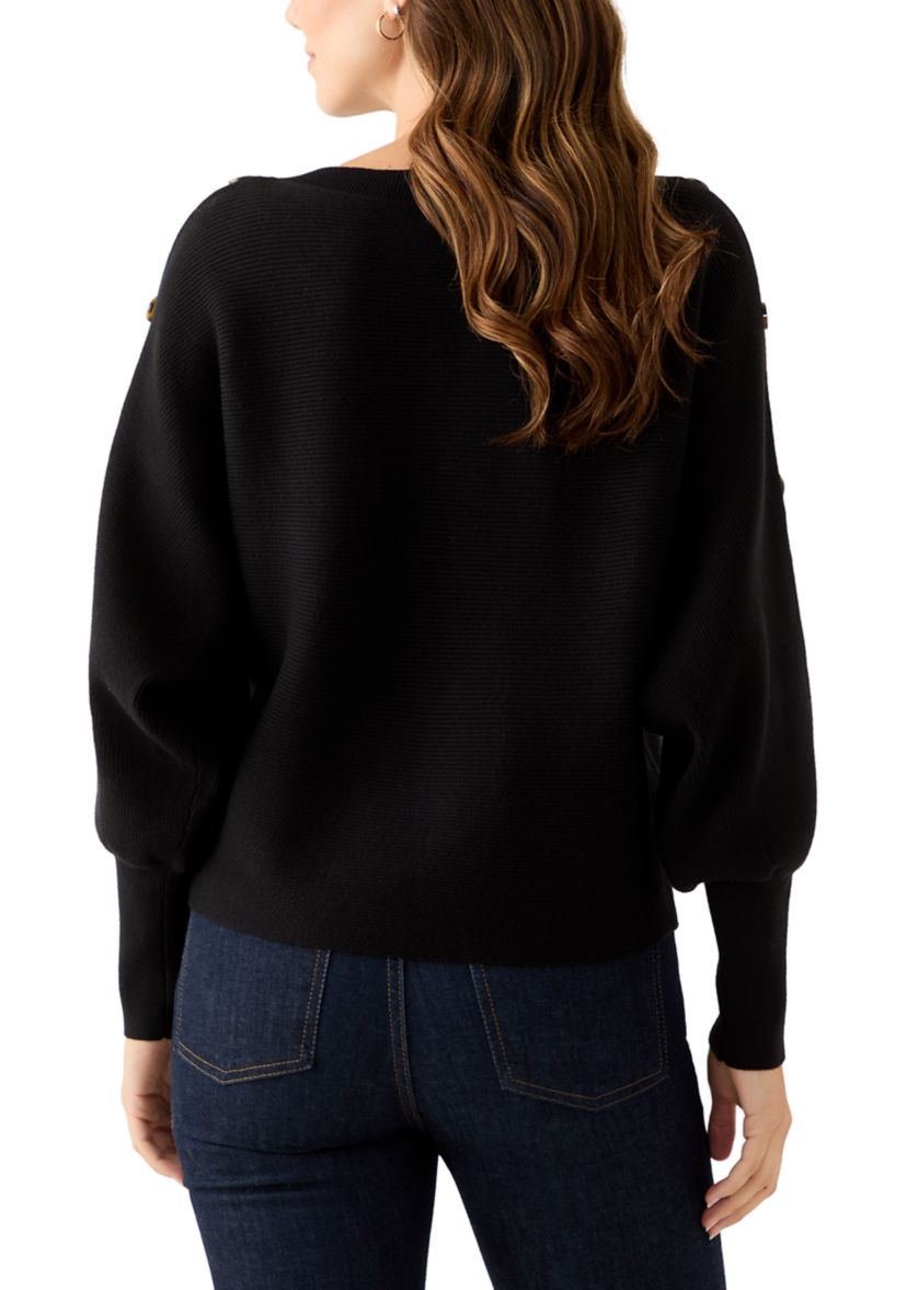 Womens Dolman Button Puff Sleeve Sweater