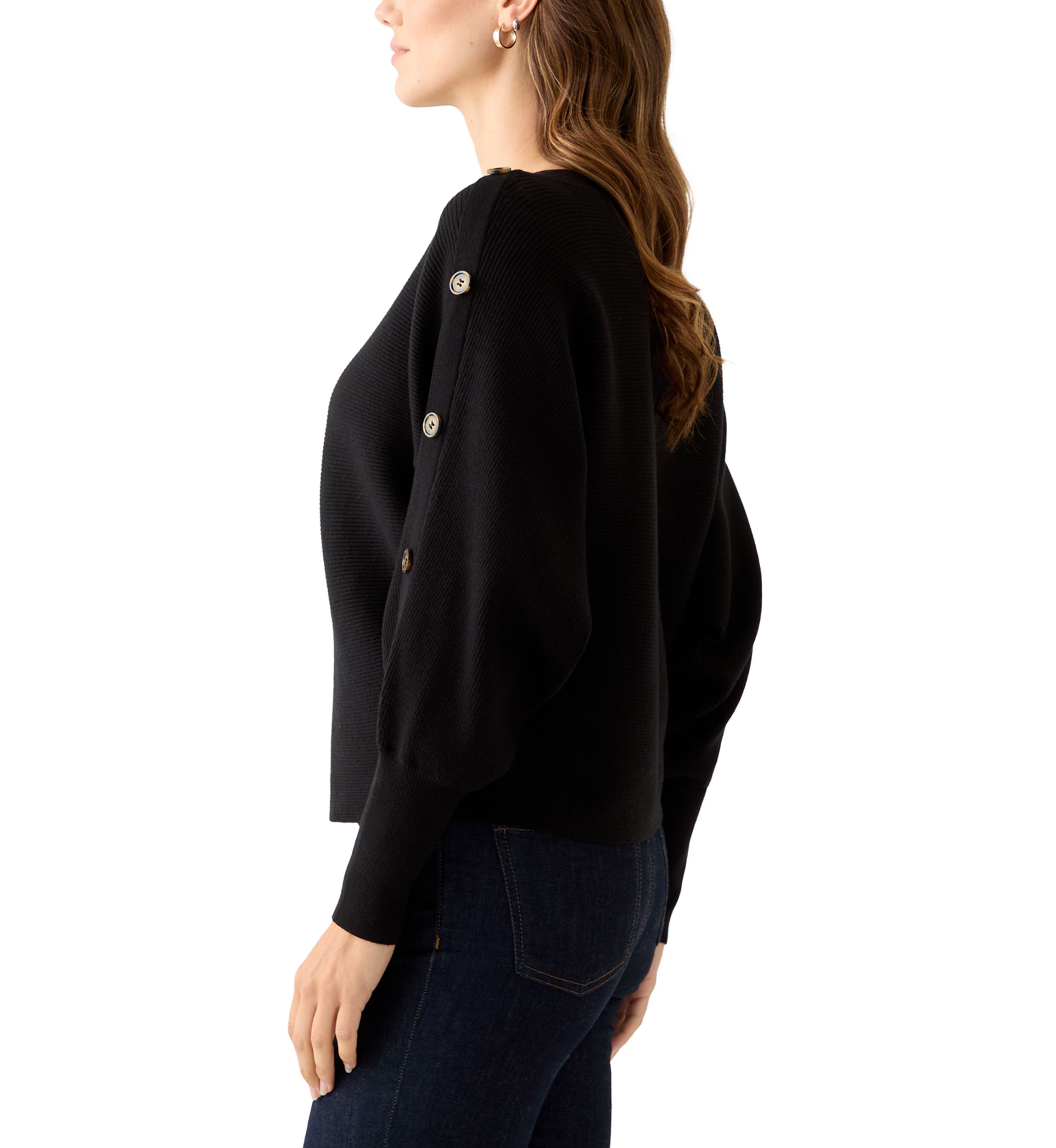 Womens Dolman Button Puff Sleeve Sweater