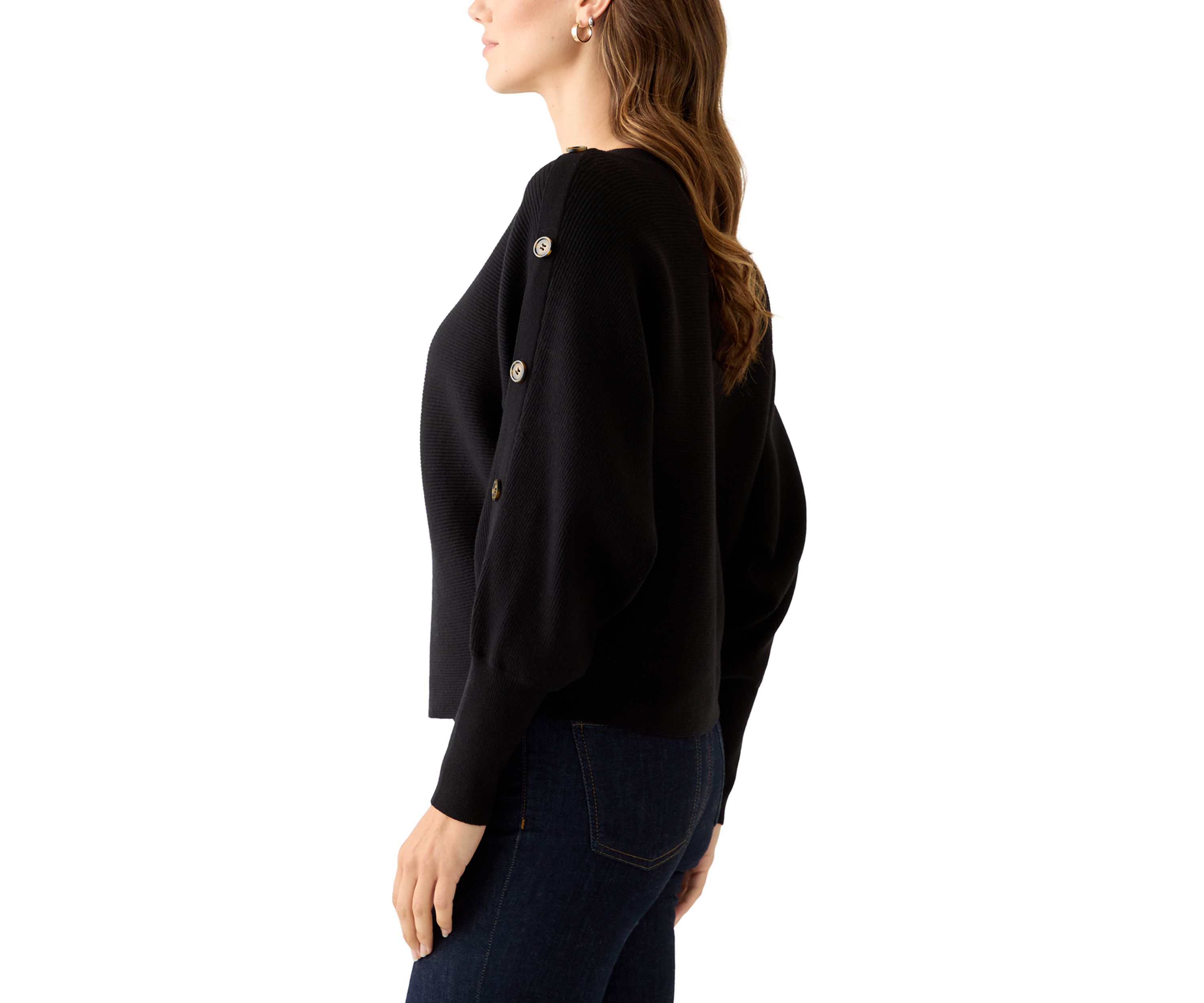 Womens Dolman Button Puff Sleeve Sweater