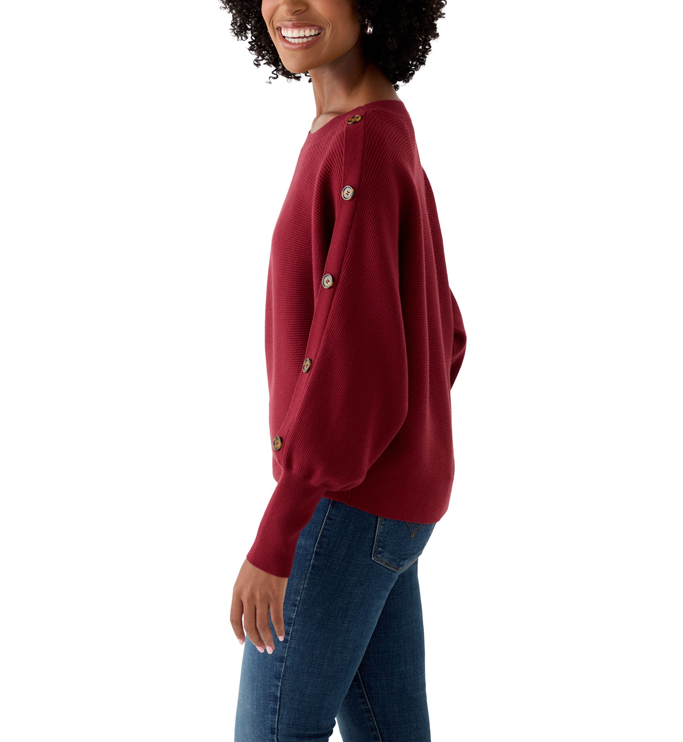 Womens Dolman Button Puff Sleeve Sweater