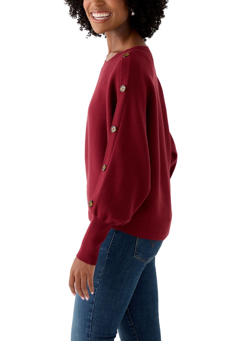 Womens Dolman Button Puff Sleeve Sweater