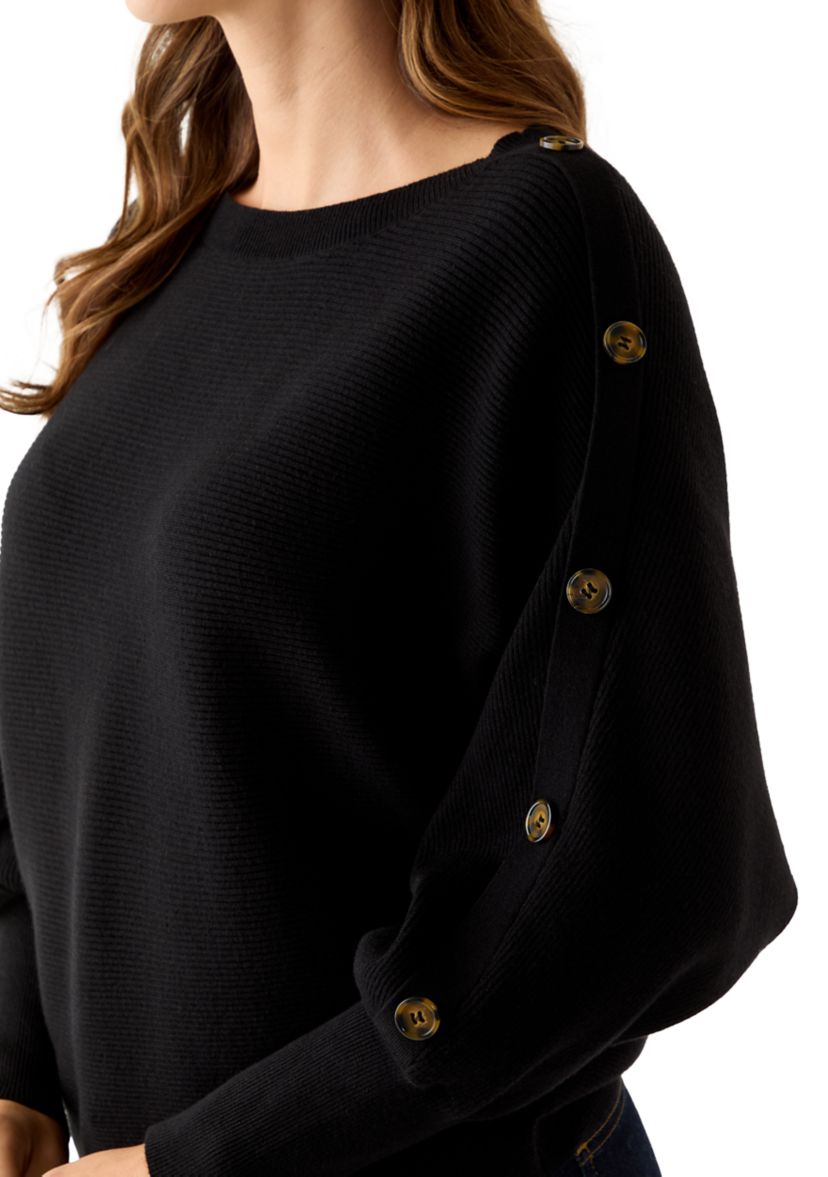 Womens Dolman Button Puff Sleeve Sweater