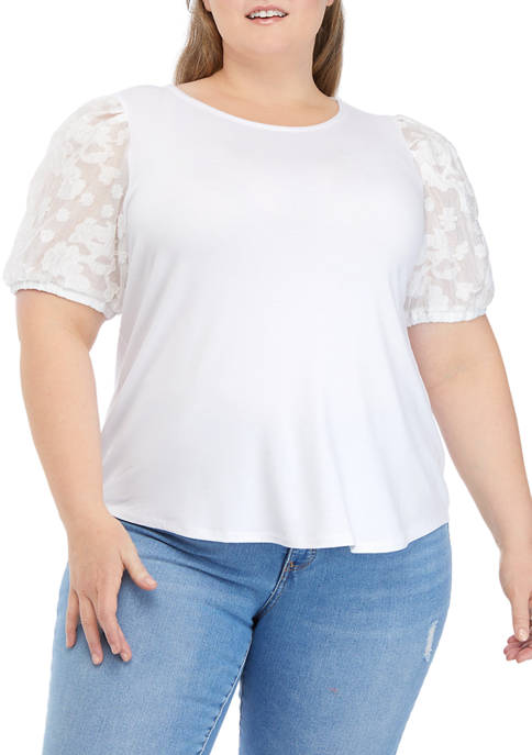 Plus Size Elbow Textured Puff Sleeve Top 