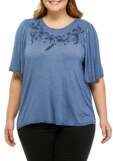 Cupio Plus Size Embroidered Crew Neck Flutter Sleeve