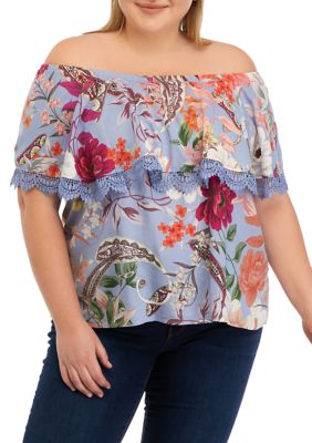Cupio Women's Plus Size Linen Printed Popover Top with Lace Details