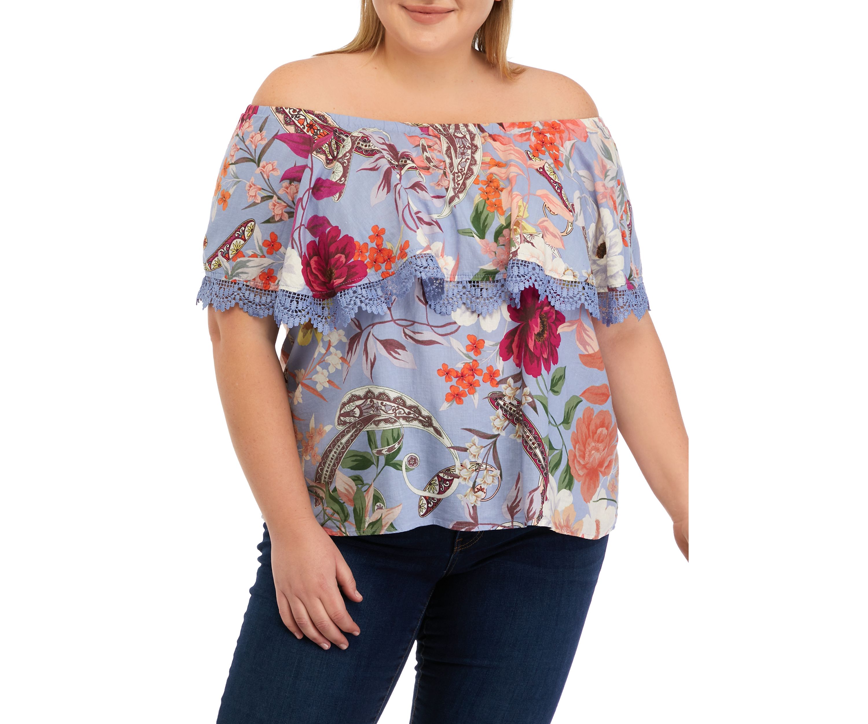 Plus Size Linen Printed Popover Top with Lace Details