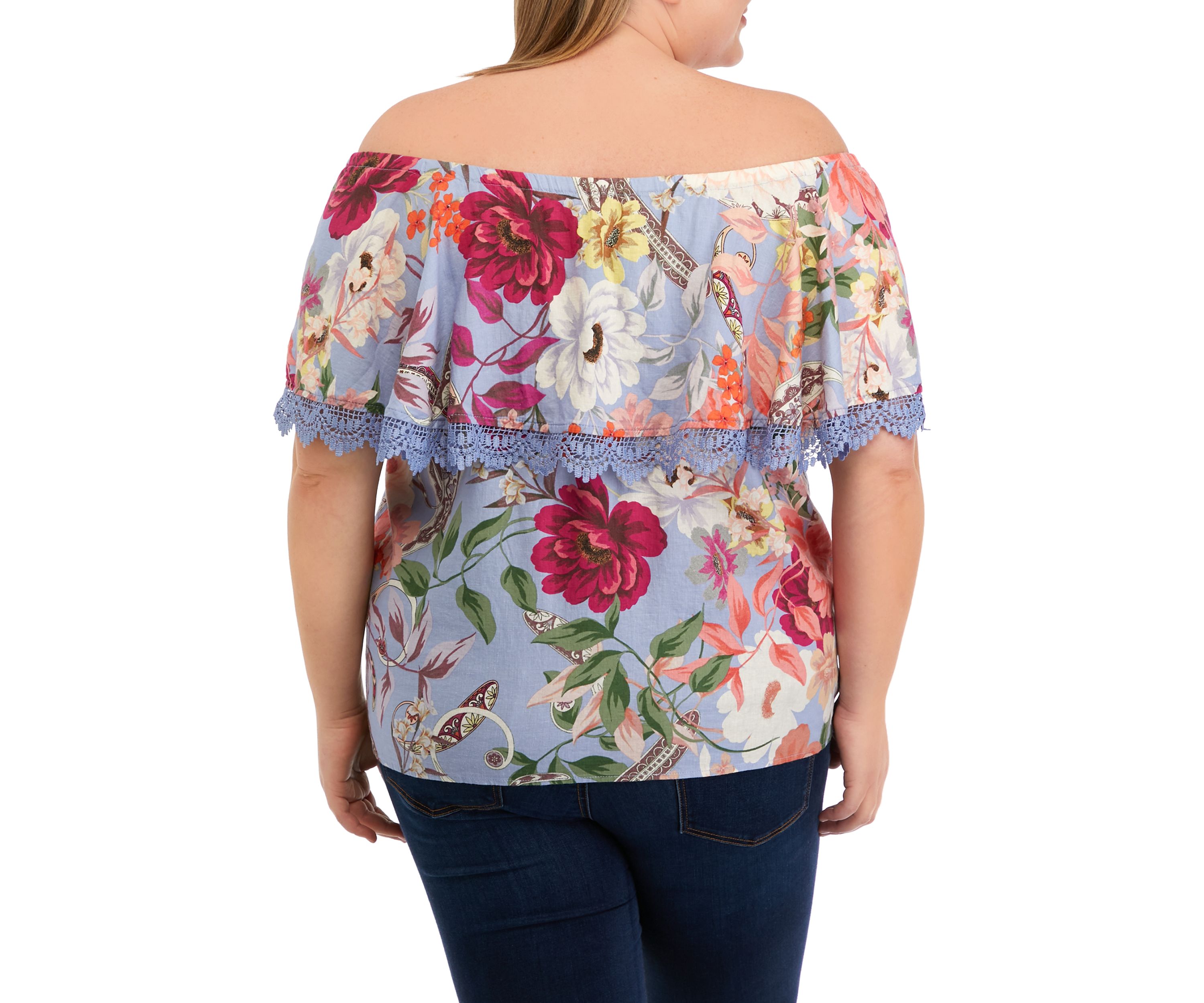 Plus Size Linen Printed Popover Top with Lace Details