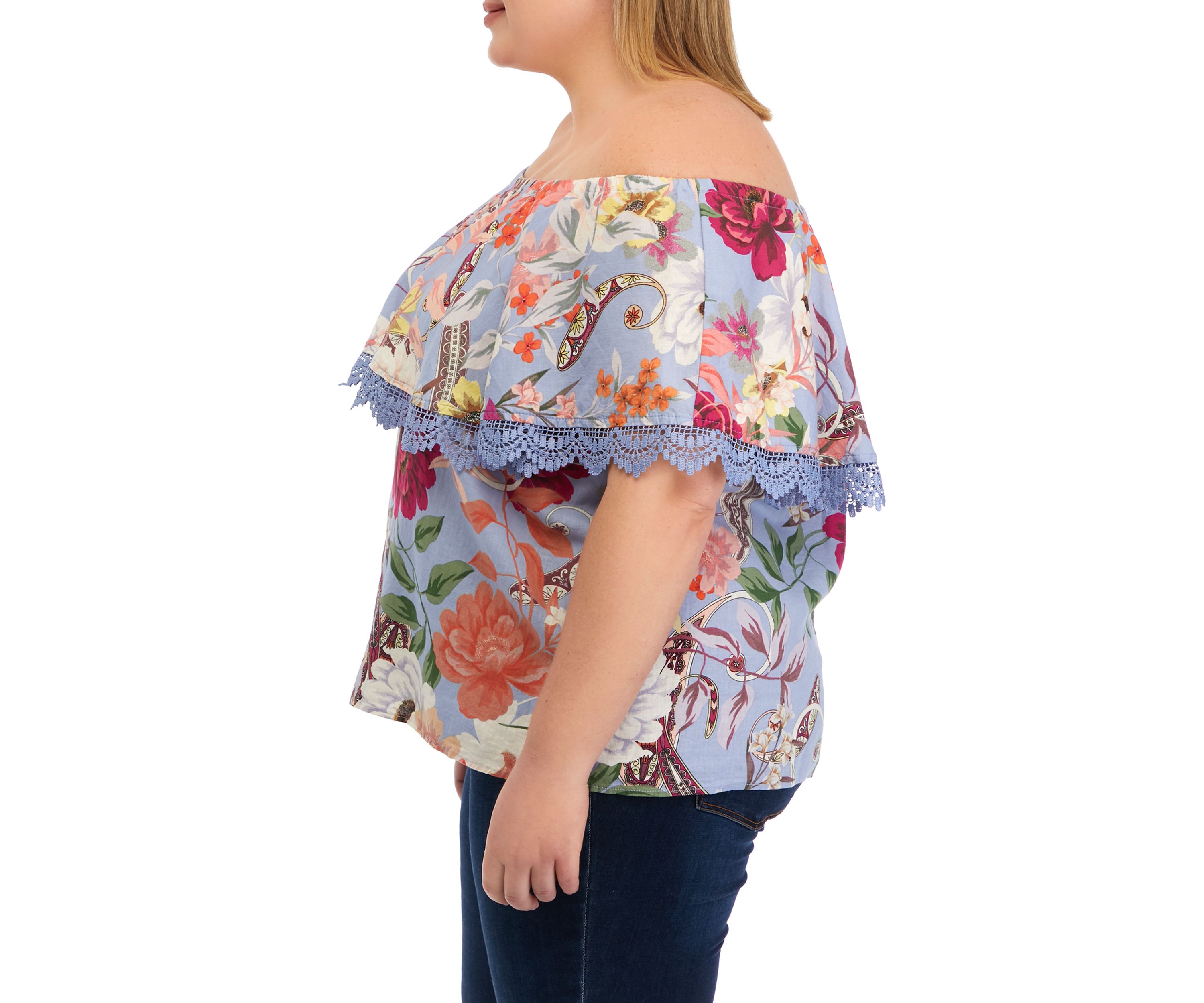 Plus Size Linen Printed Popover Top with Lace Details