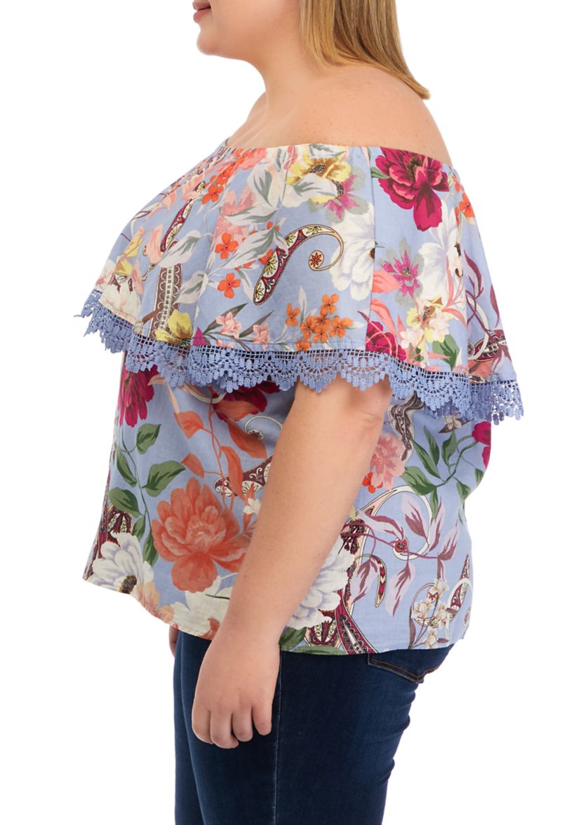 Plus Size Linen Printed Popover Top with Lace Details