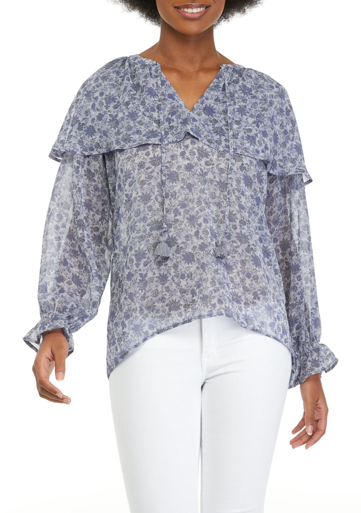 Womens Blouson Sleeve Flutter Floral Blouse