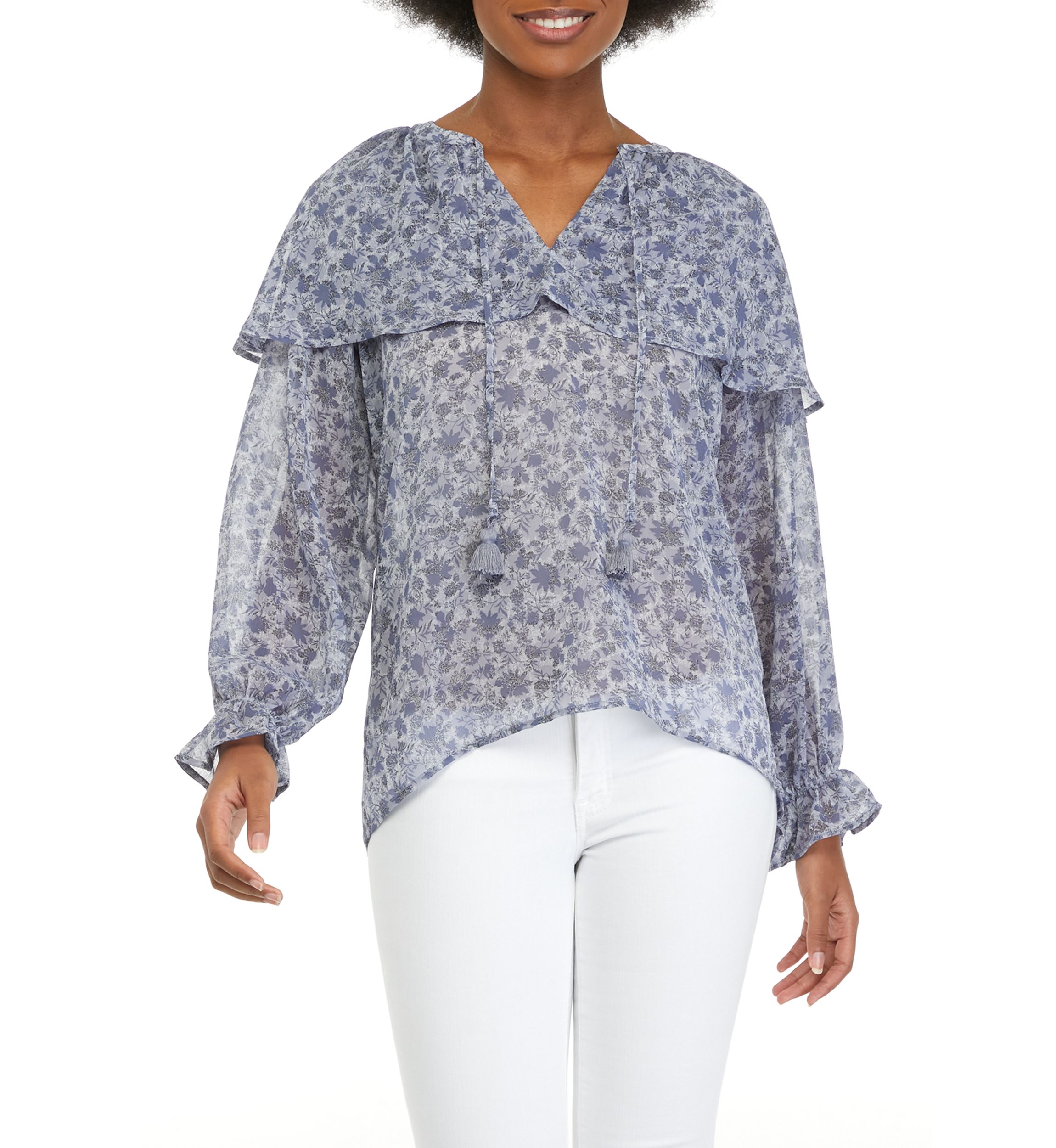 Womens Blouson Sleeve Flutter Floral Blouse