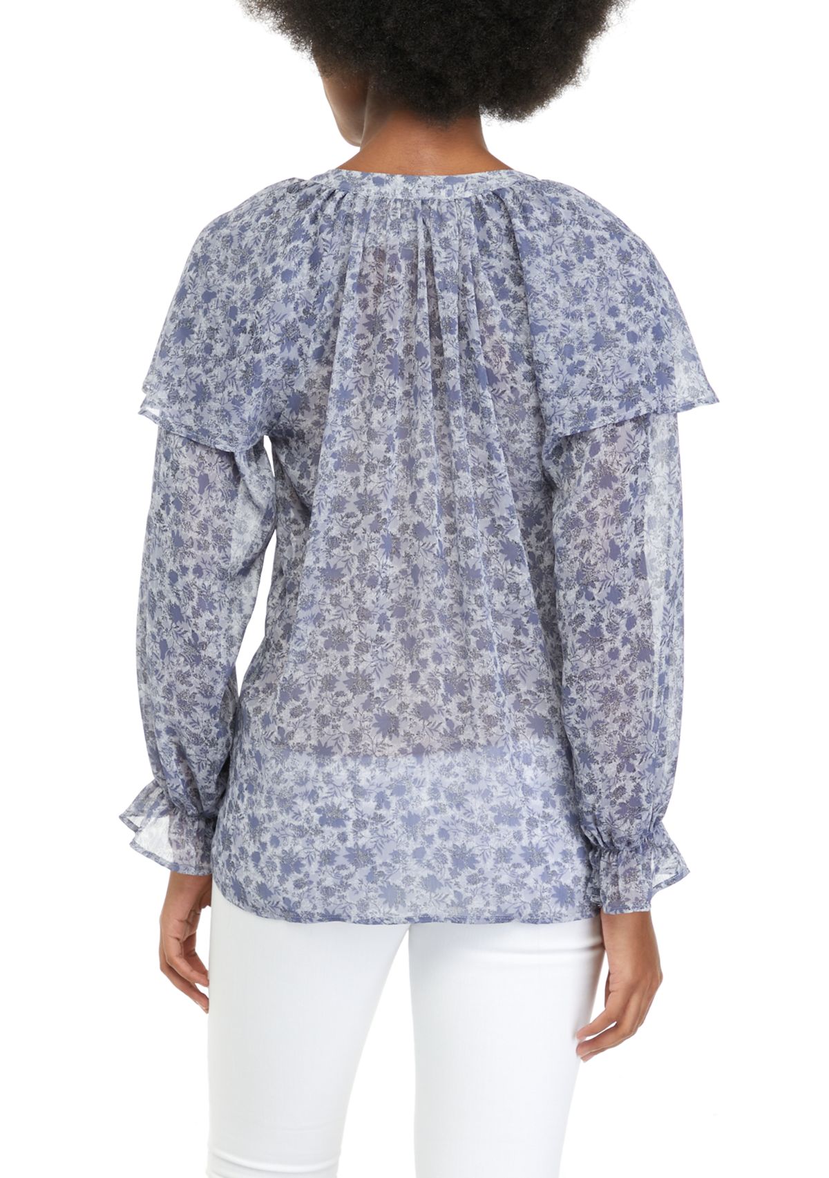 Womens Blouson Sleeve Flutter Floral Blouse
