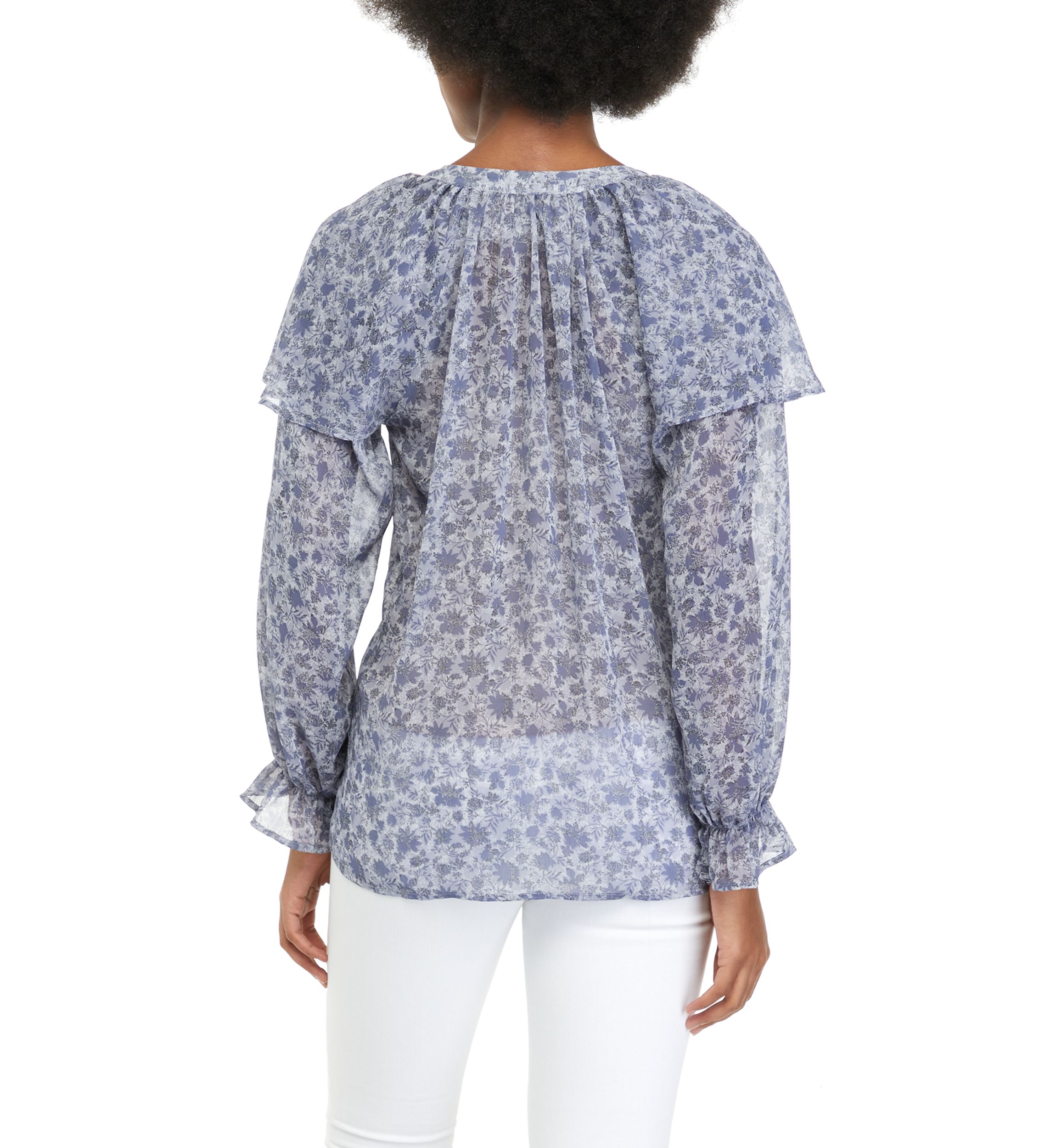 Womens Blouson Sleeve Flutter Floral Blouse