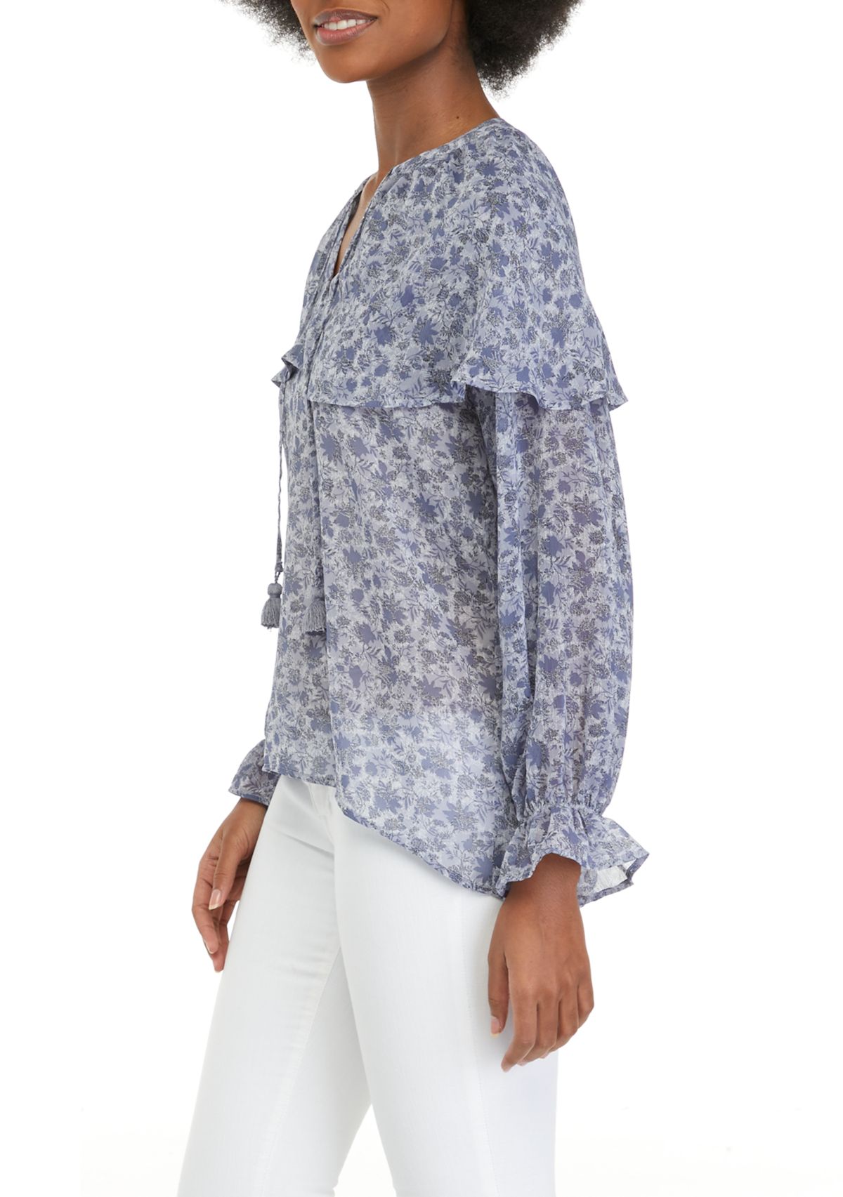 Womens Blouson Sleeve Flutter Floral Blouse