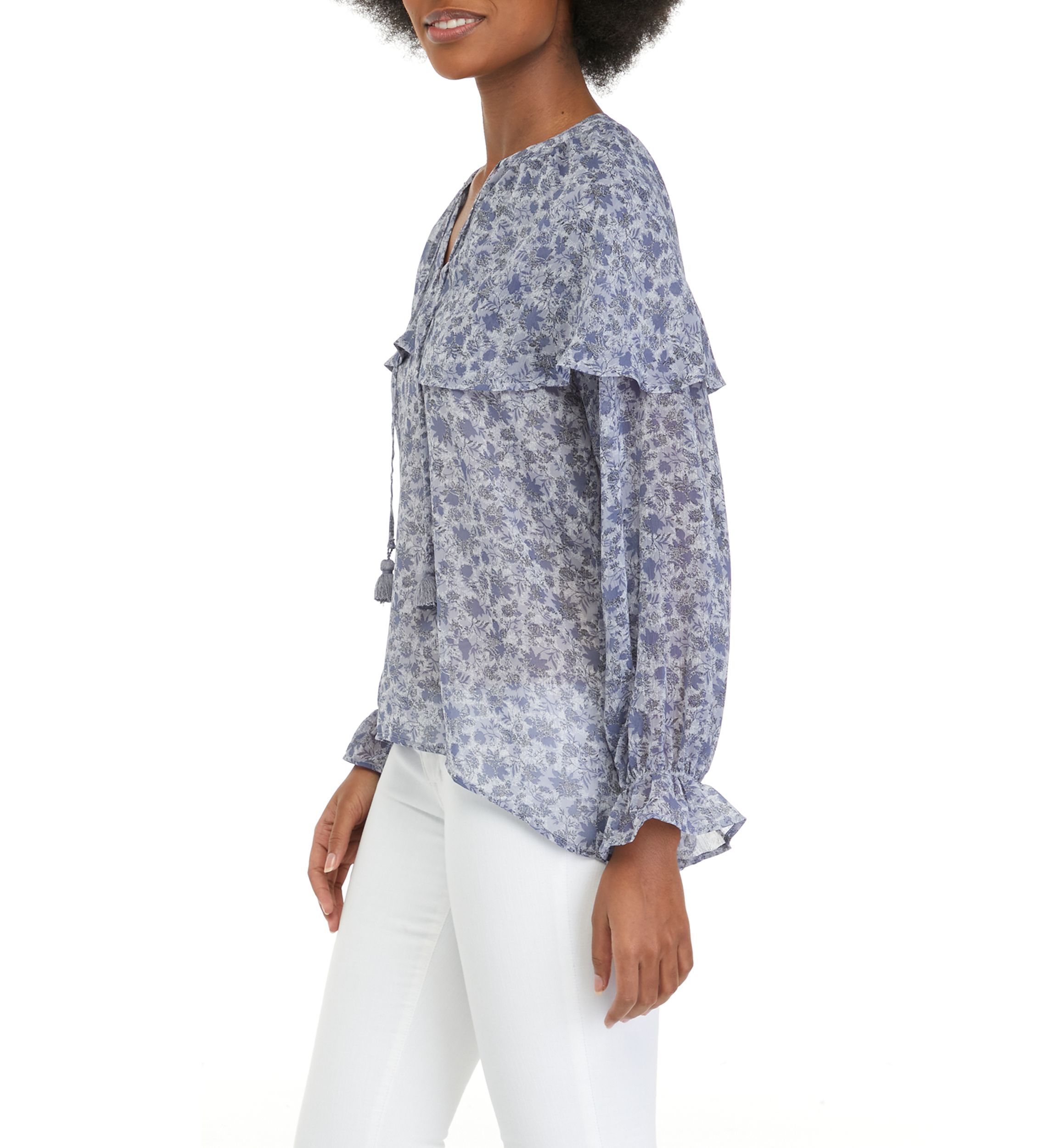 Womens Blouson Sleeve Flutter Floral Blouse