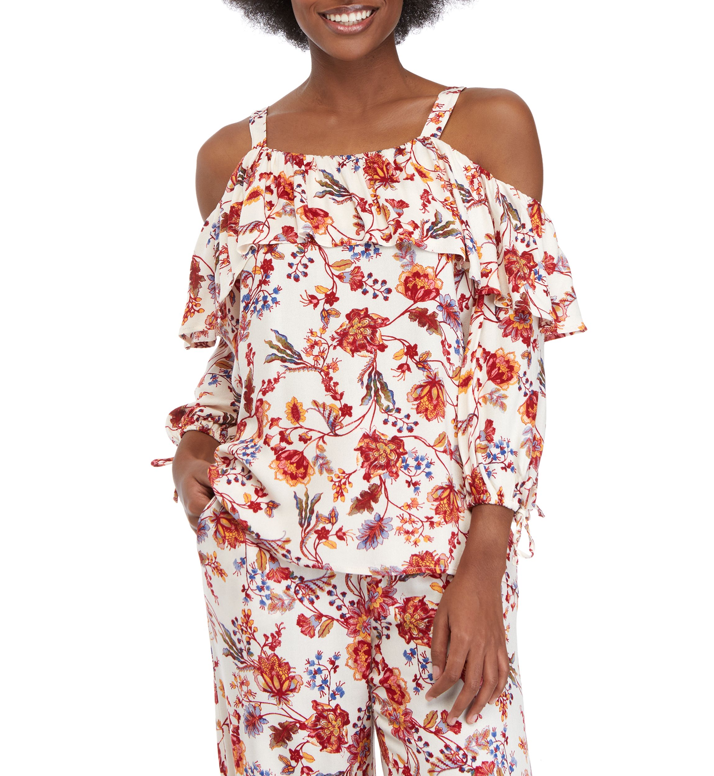 Womens Printed Cold Shoulder Ruffle Top