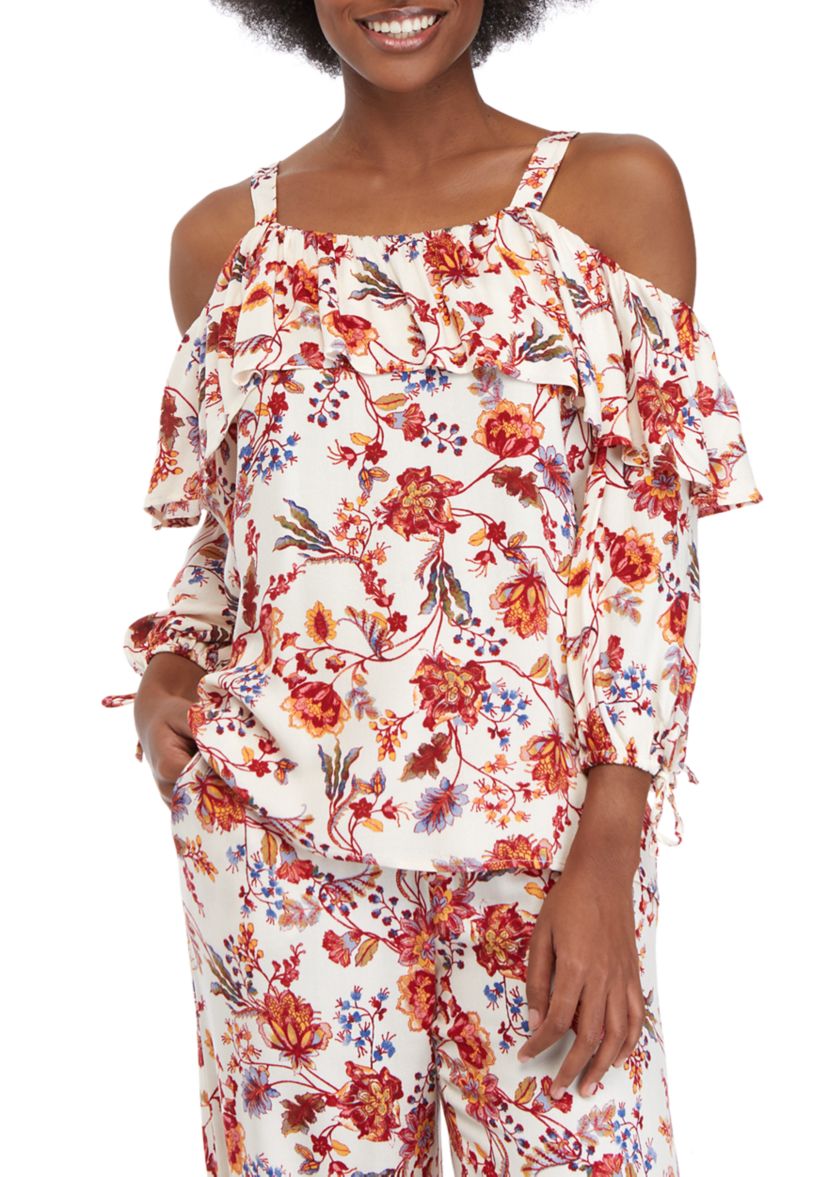 Womens Printed Cold Shoulder Ruffle Top