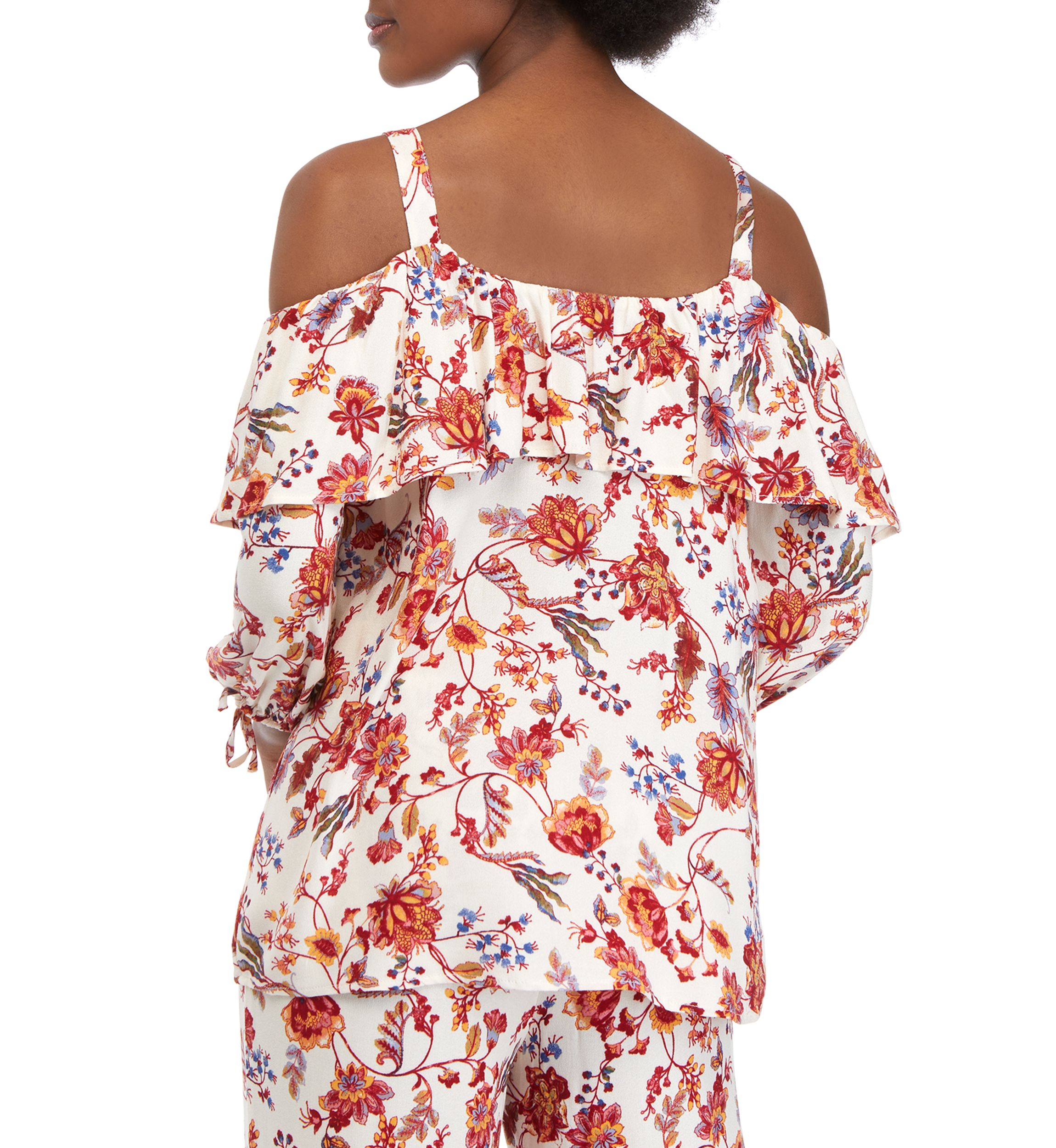 Womens Printed Cold Shoulder Ruffle Top