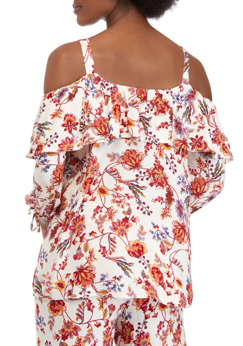 Womens Printed Cold Shoulder Ruffle Top
