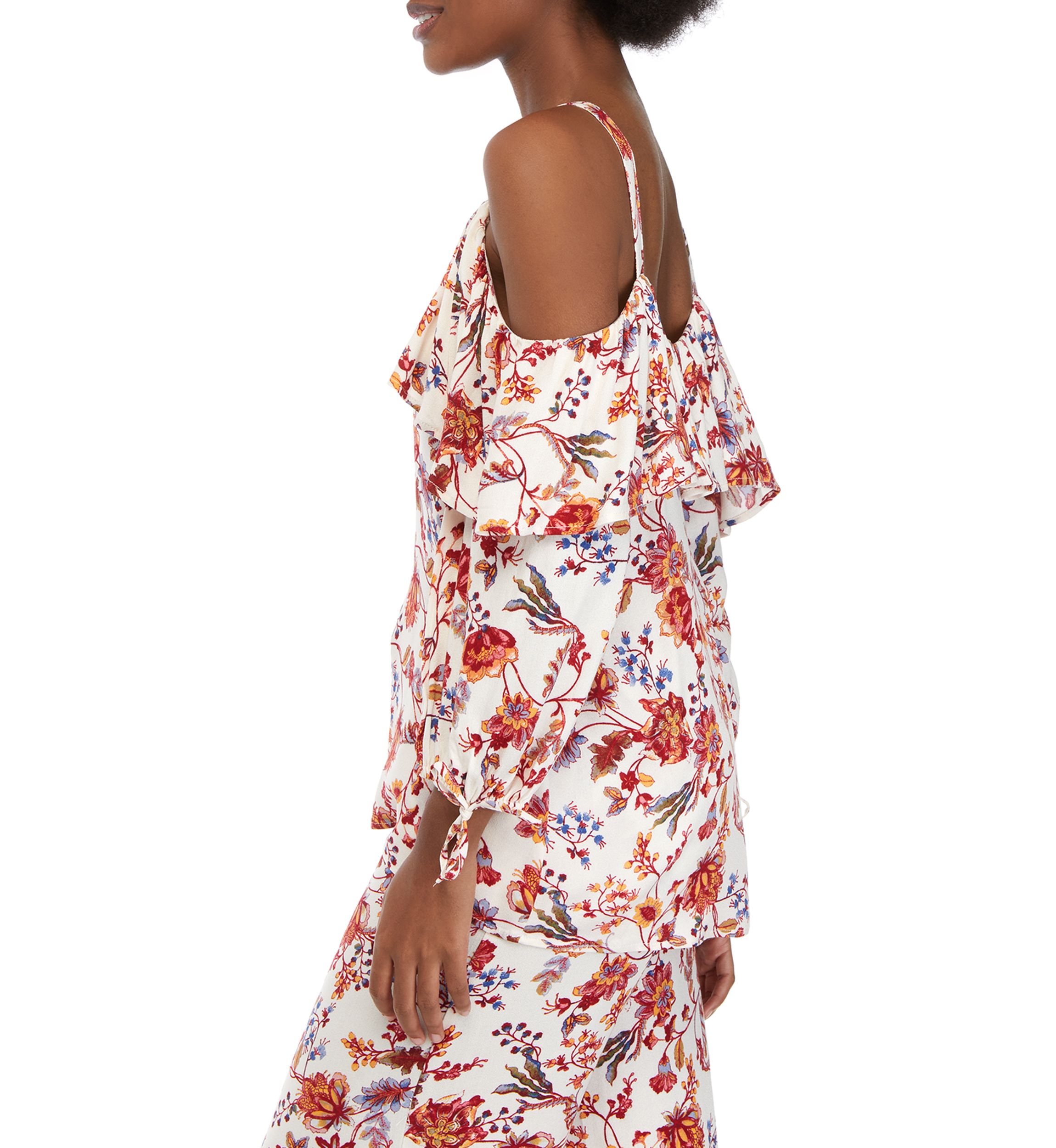 Womens Printed Cold Shoulder Ruffle Top