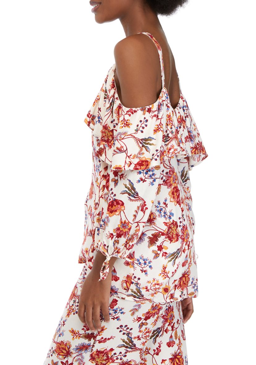 Womens Printed Cold Shoulder Ruffle Top