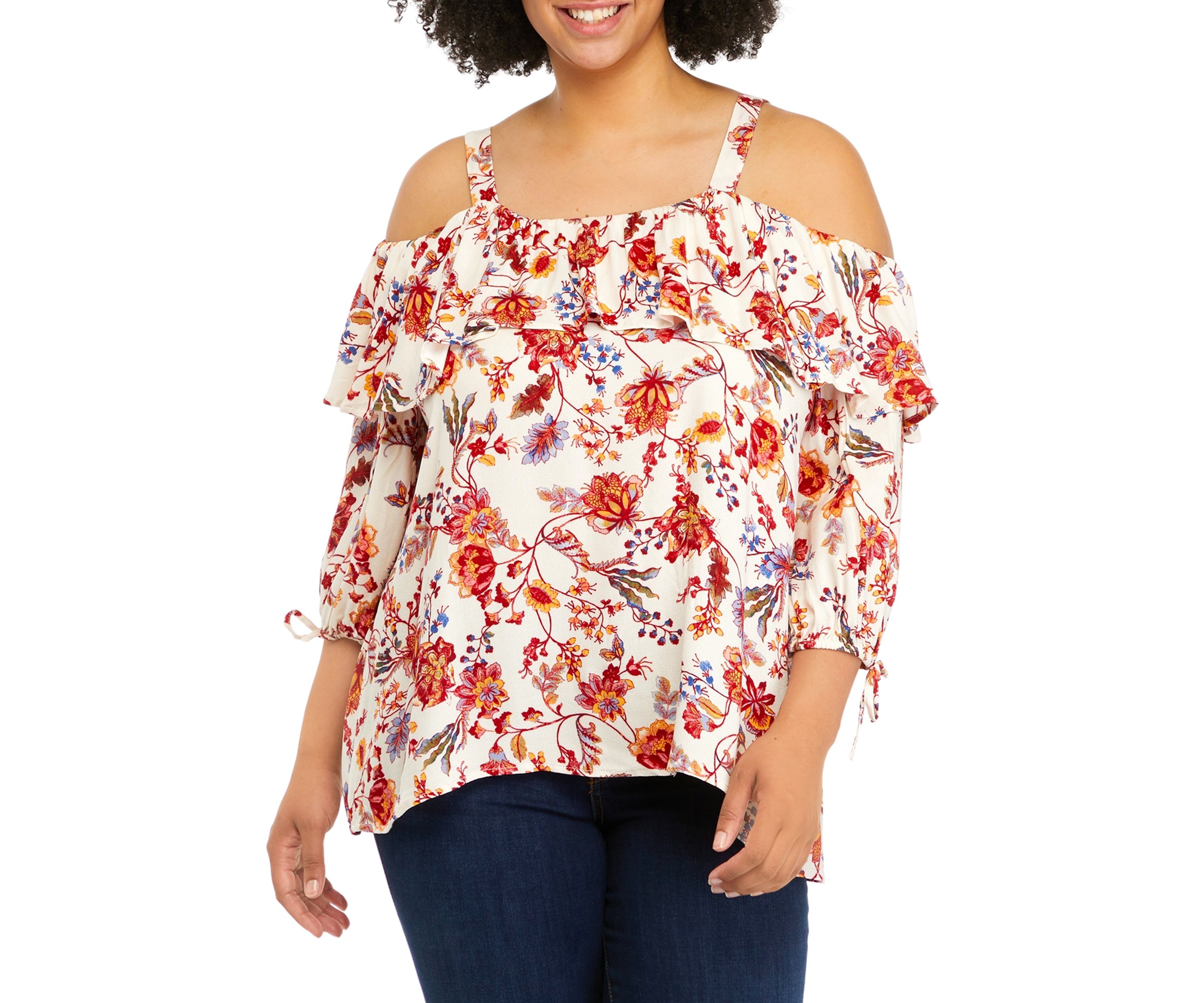 Plus Size Printed 3/4 Cold Shoulder Ruffle Top