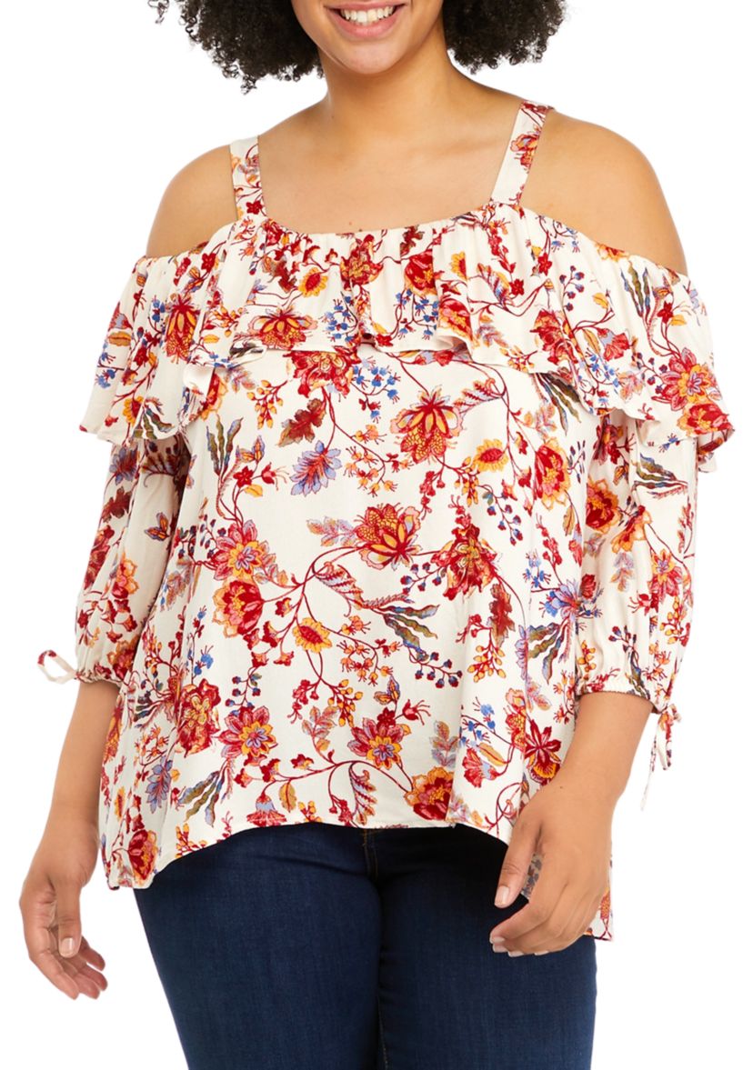 Plus Size Printed 3/4 Cold Shoulder Ruffle Top
