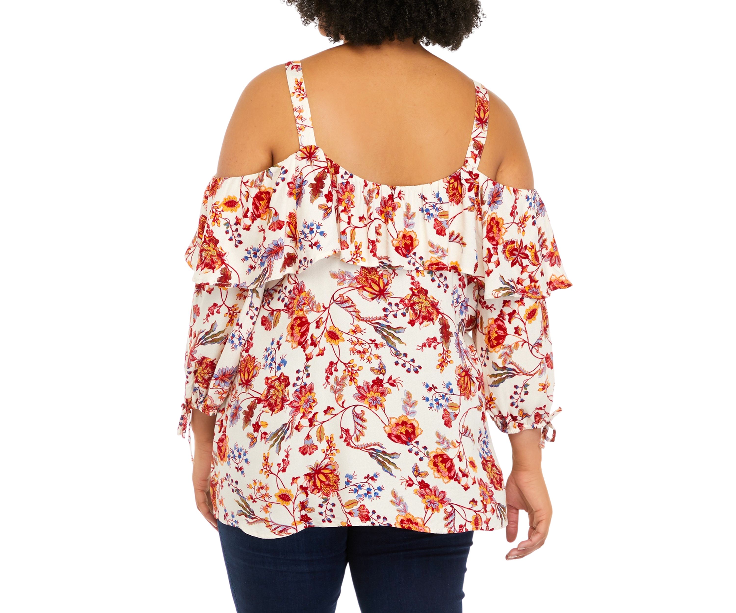 Plus Size Printed 3/4 Cold Shoulder Ruffle Top