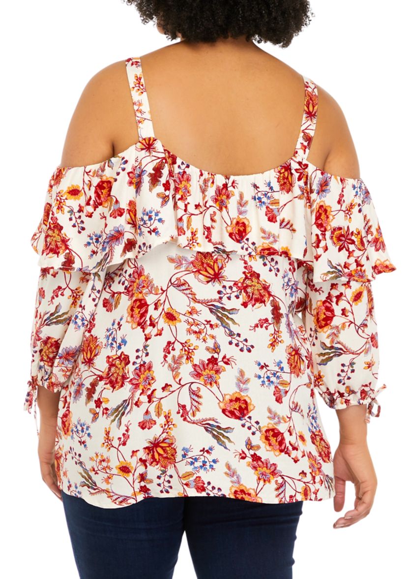 Plus Size Printed 3/4 Cold Shoulder Ruffle Top