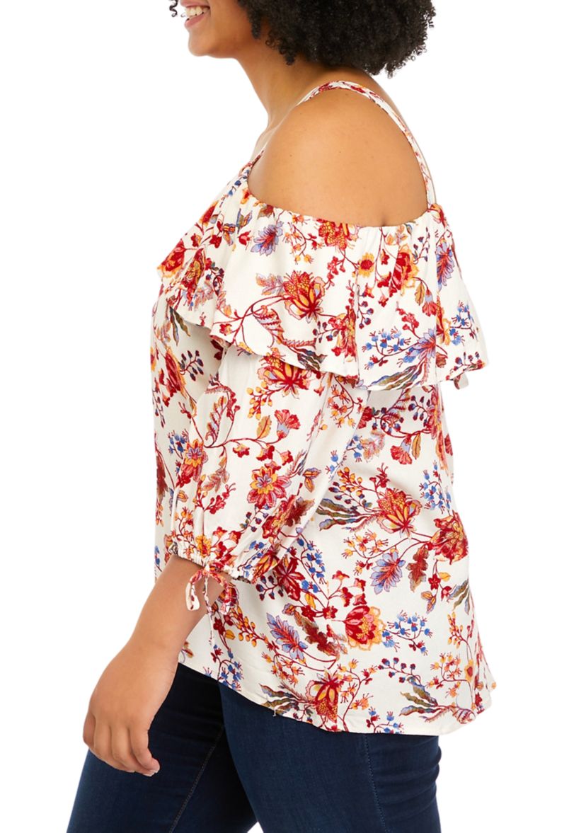 Plus Size Printed 3/4 Cold Shoulder Ruffle Top