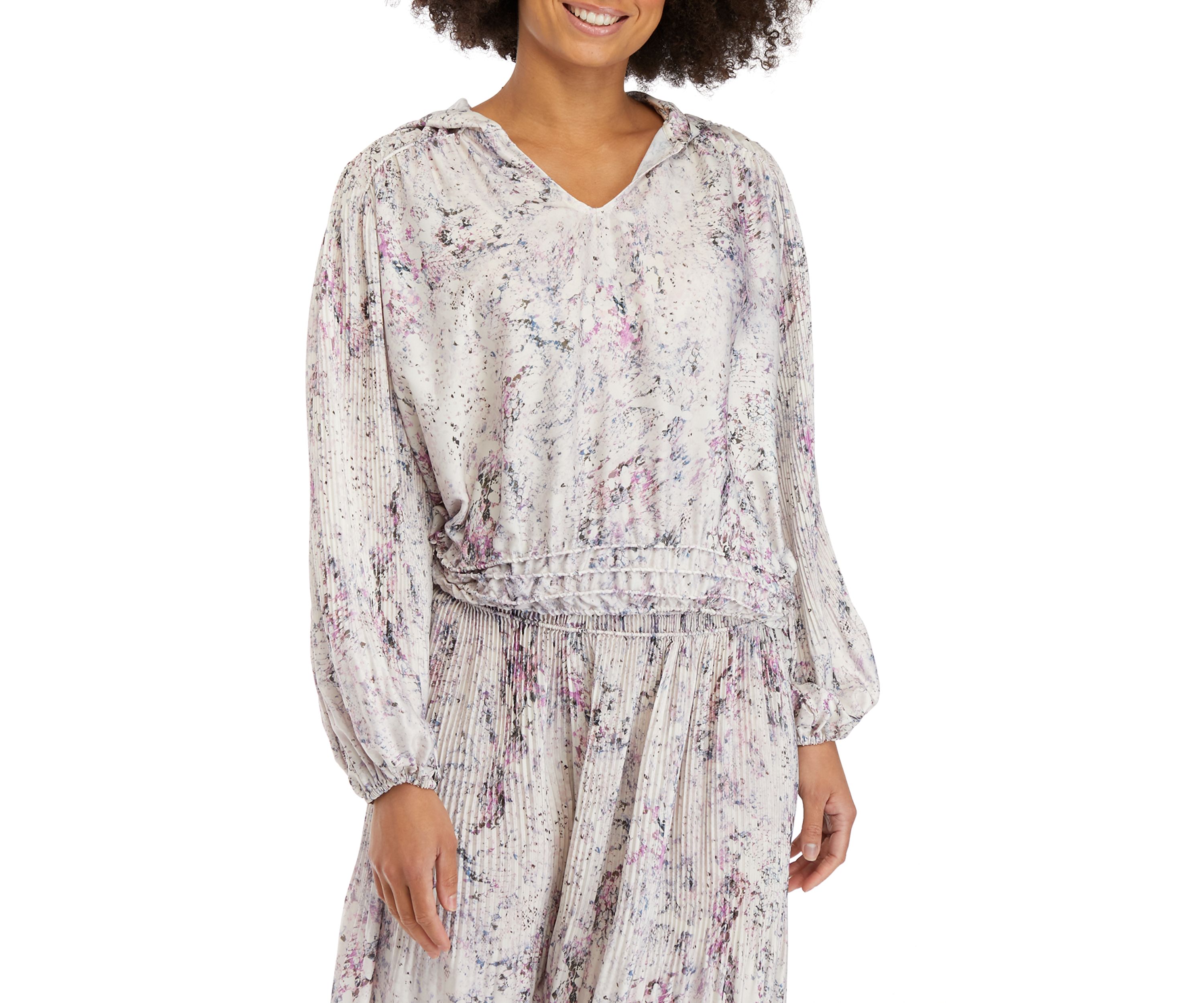 Womens Long Sleeve V-Neck Smocked Hem Blouse 