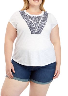 Cupio Women's Plus Size Short Sleeve Embroidered Top, White, 3X