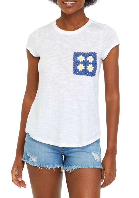 Cupio Womens Short Sleeve Crochet Pocket T-Shirt
